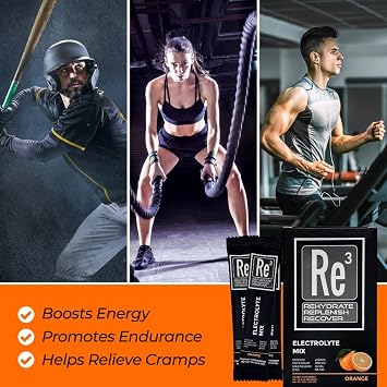 Re3 - Rehydrate - Replenish - Recover Electrolyte Powder Packets. No Sugar, 7 Cal, 1.4 Carbs. The Best Mix of Vitamins and Minerals (Orange)