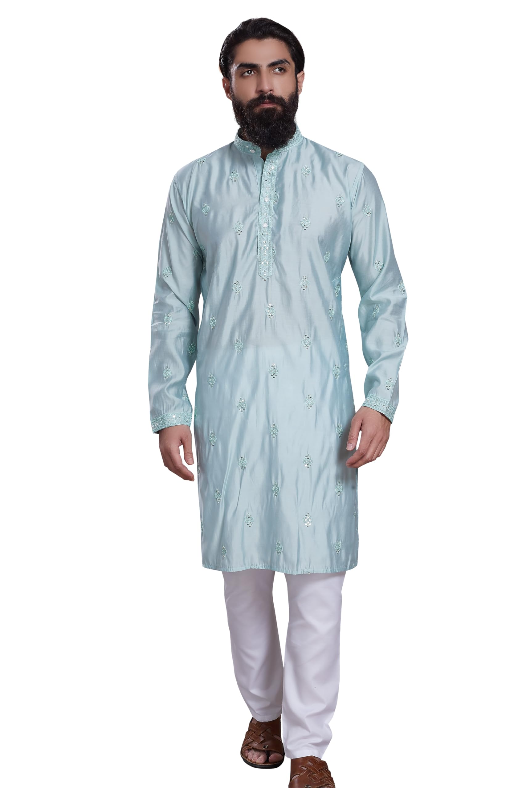 Divisive Men's Embroidered Cotton Silk Blend Only Slim Fit Kurta (Dkrt213_Xl_Sea Green)