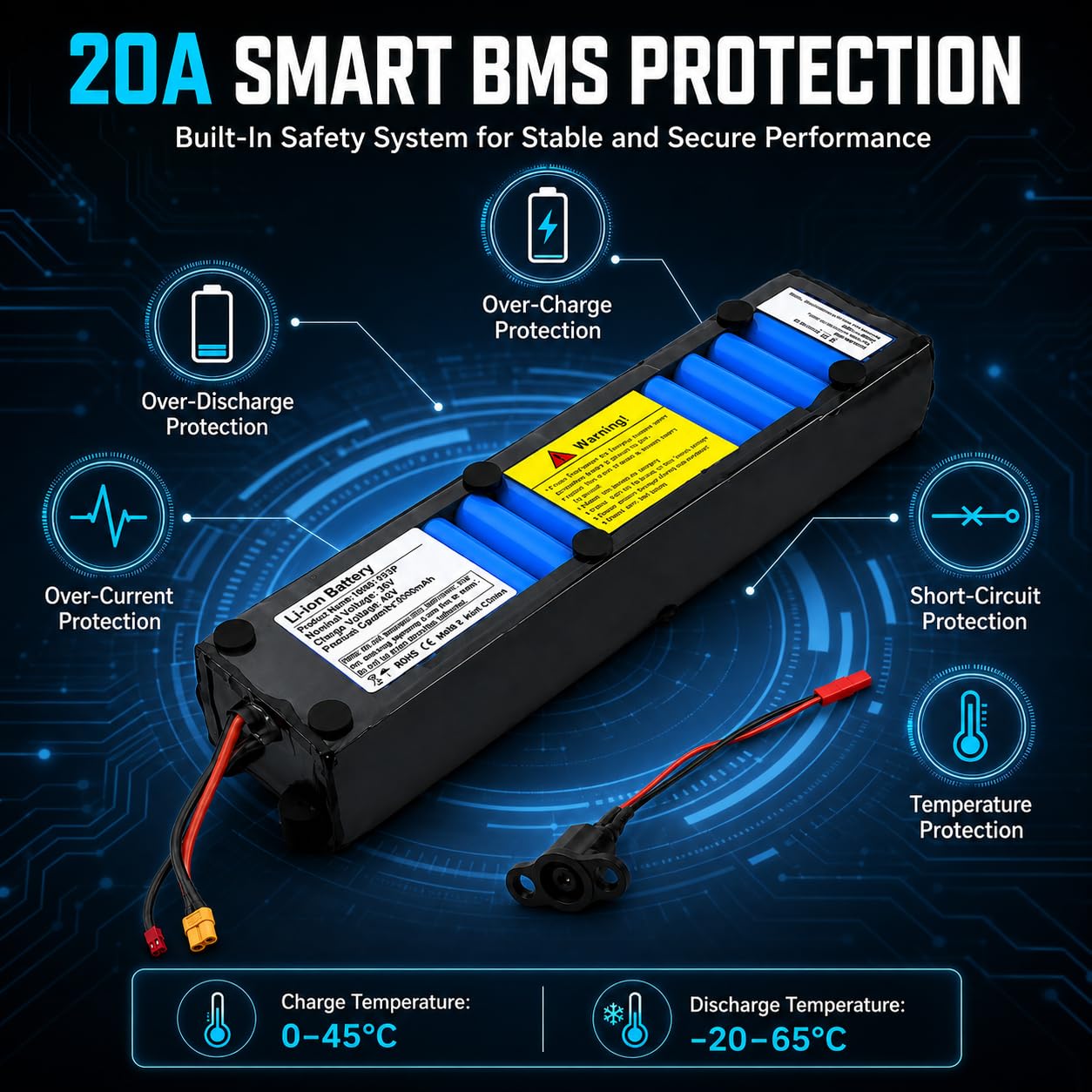 Batterie Scooter Électrique 36V 10,5Ah, Batterie Lithium ION 10500mAh avec BMS 20A, Batterie Rechargeable 10S3P avec Connecteurs XT30 et JST pour M365 Scooter Motor