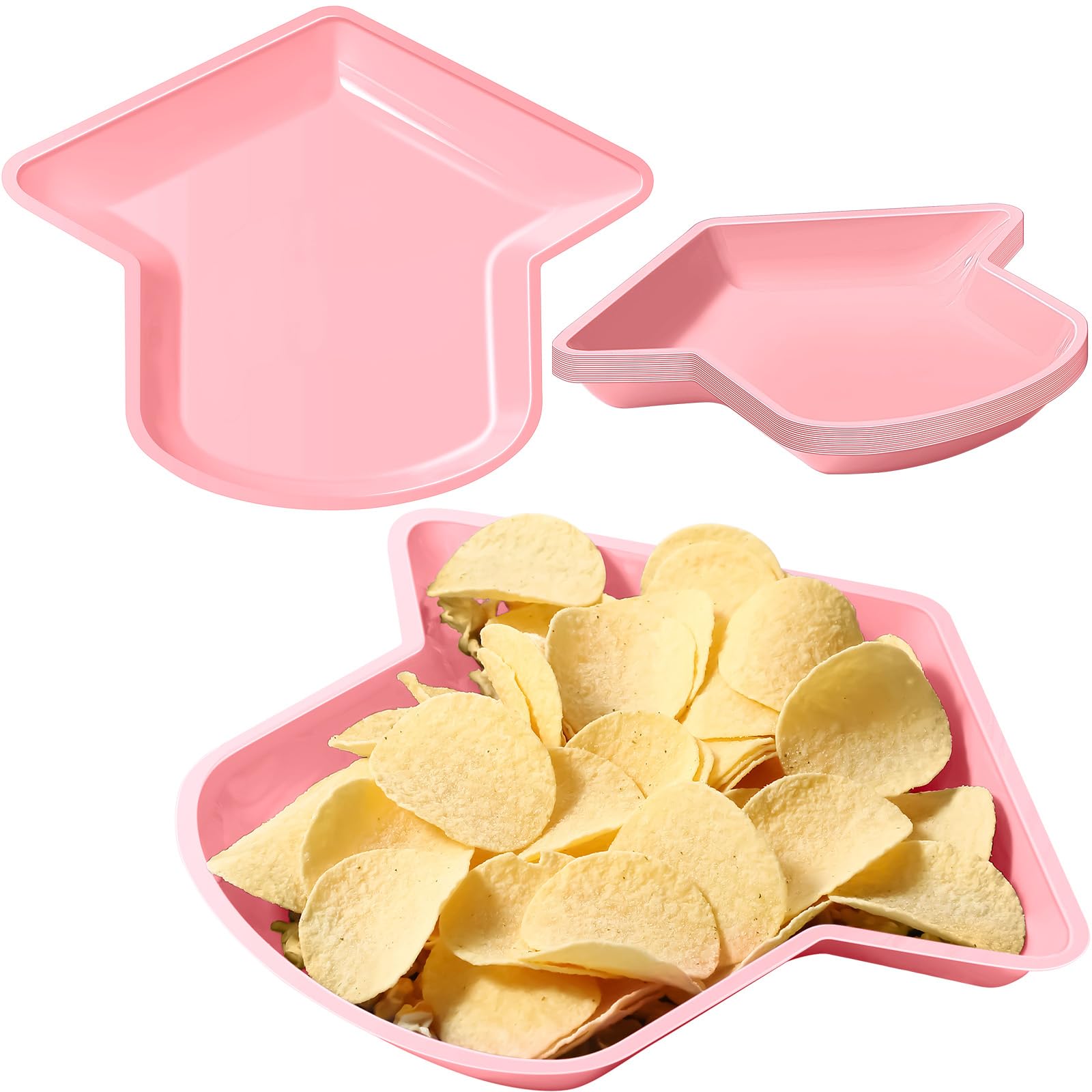 Sawysine 24 Pcs Pink Graduation Cap Disposable Serving Platters Grad Food Reusable Snack Tray Cookies Chips Candy Dip Dessert Plates for Graduation