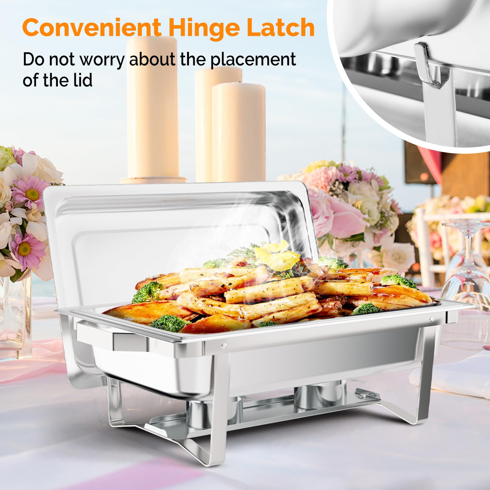 Bonnlo Chafing Dish 9 L Warmhaltebehälter Essen aus Edelstahl, Speisenwärmer mit Rollrand & Scharnierverschluss & faltbaren Gestell, Speisebehälter Wärmebehälter Buffet Wärmer Rechaud 60x36x30 cm 4pc