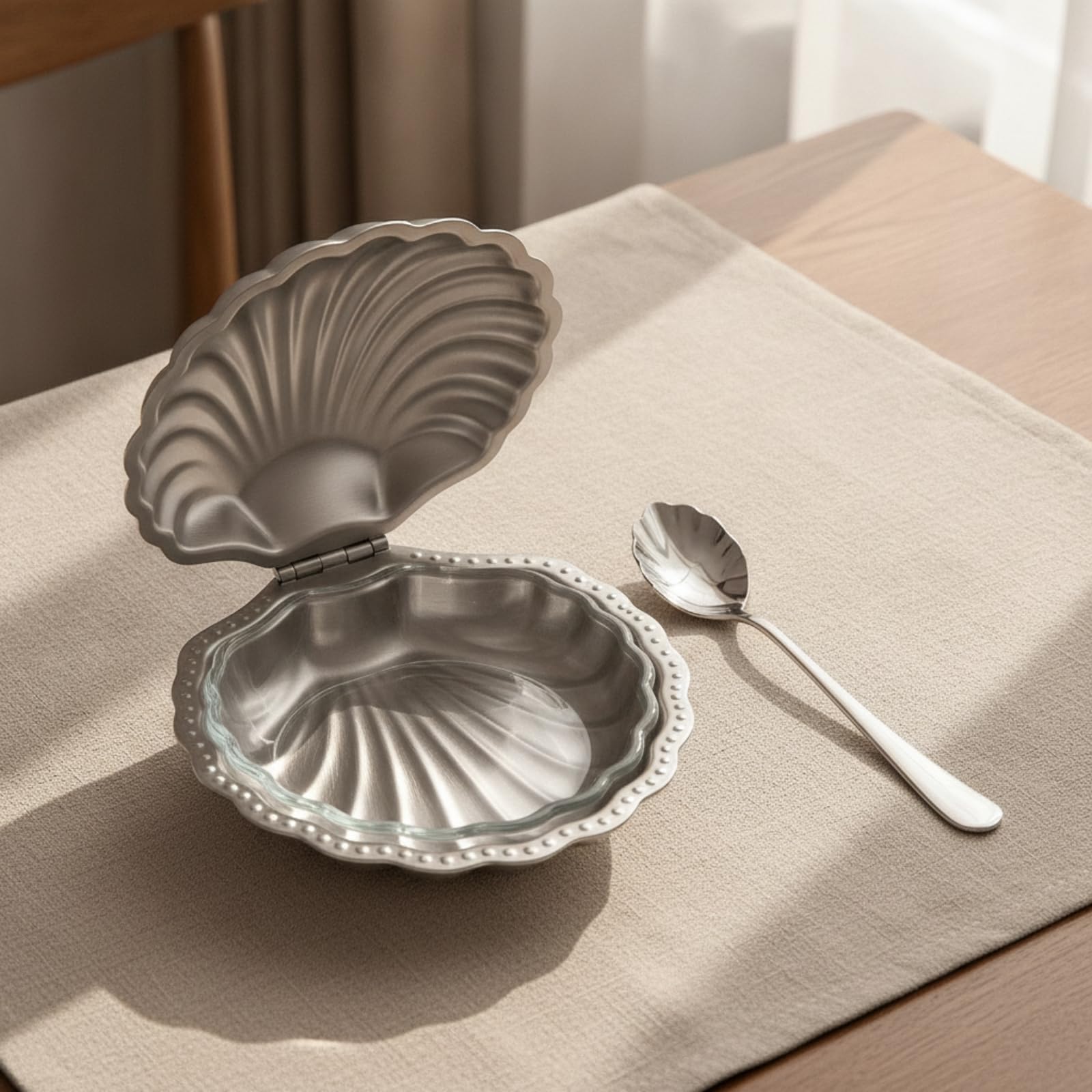 Colcolo Contenedor con Tapa para Servir Especias y Salsas con Forma Concha y Acabado Reflectante en Acero Inoxidable con Cuchara Incluida para Celebraciones Especiales, Estilo B