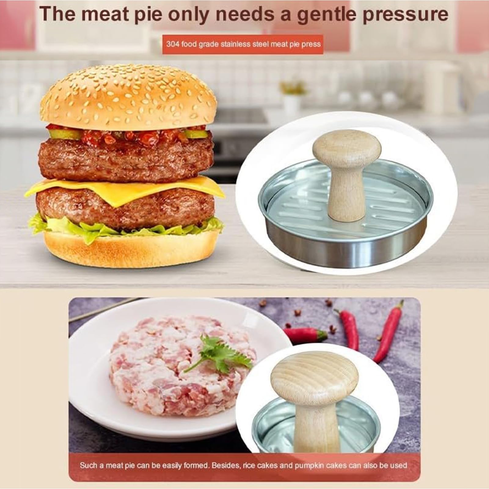 Hamburgerform, Hamburgerform aus Edelstahl, runde Form für Steaks, ideal für Hamburger, Fleischbällchen, Würstchen, Krabbenkuchen, Barbecues und allgemeines Kochen,Silber,6.8 x 13.3 cm