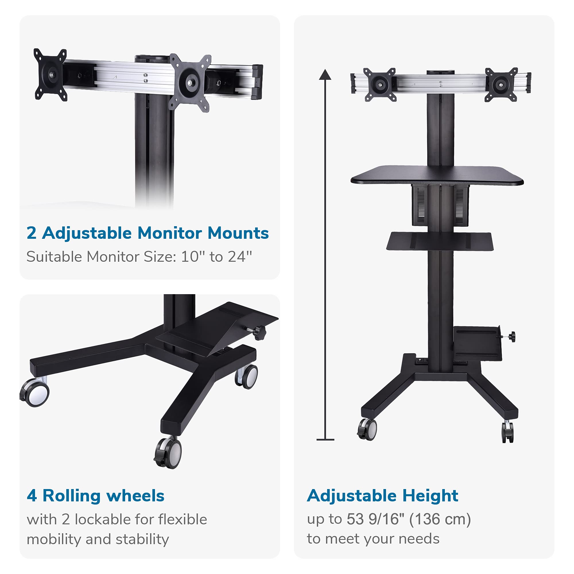 AW 4Wheel Rolling Desktop PC Mobile Cart for 2 Dual Monitor Printer