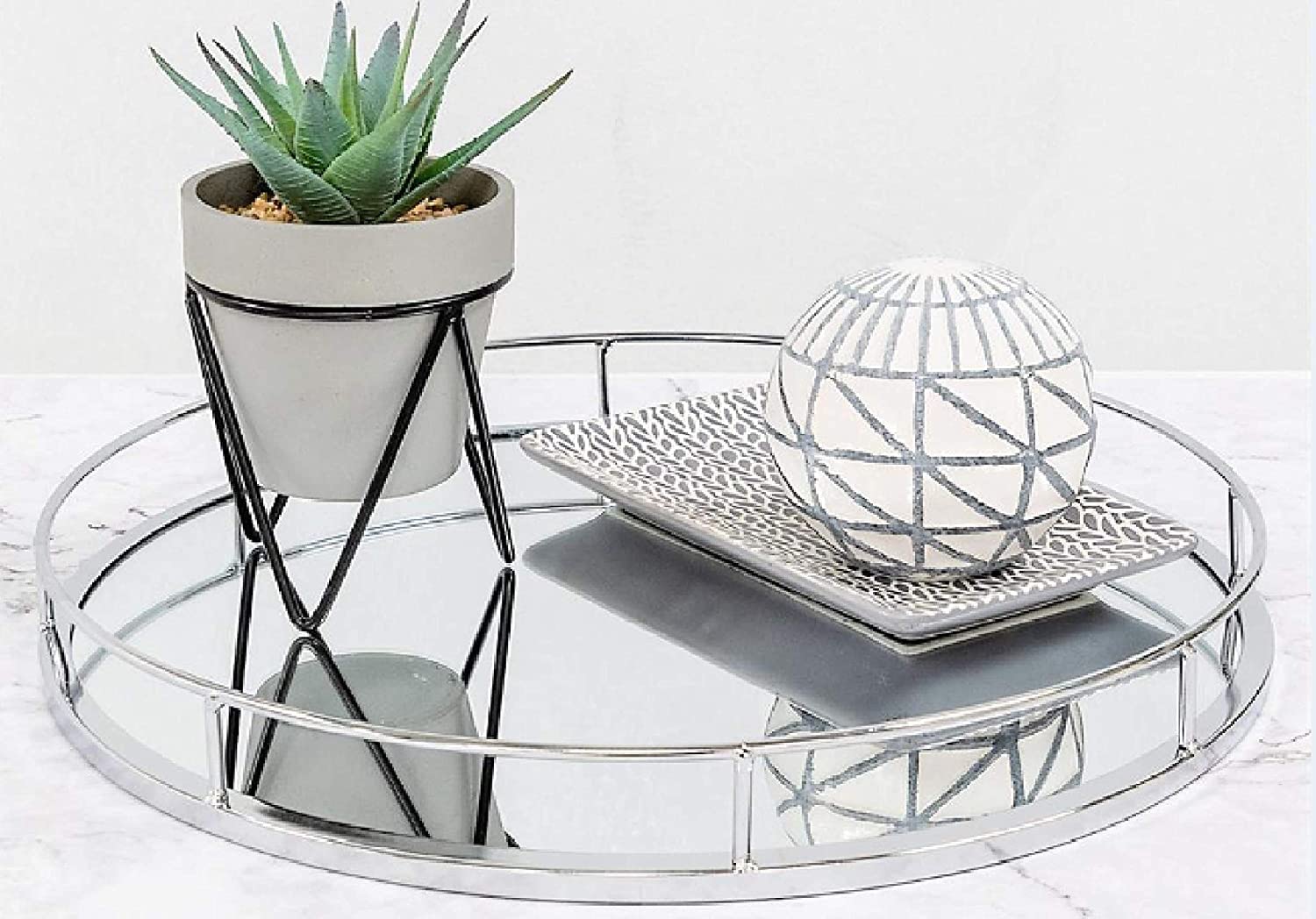 Deenz New Elegant Silver Round Mirror Tray Display Your Possessions