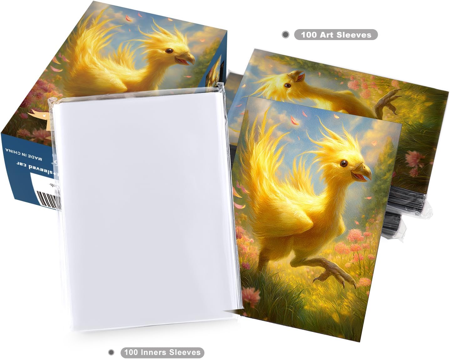 Katomula 100 MTG Card Sleeves with 100 Inner Sleeve, Textured Back Art Sleeves, Fit Standard Size Cards- Chocobo