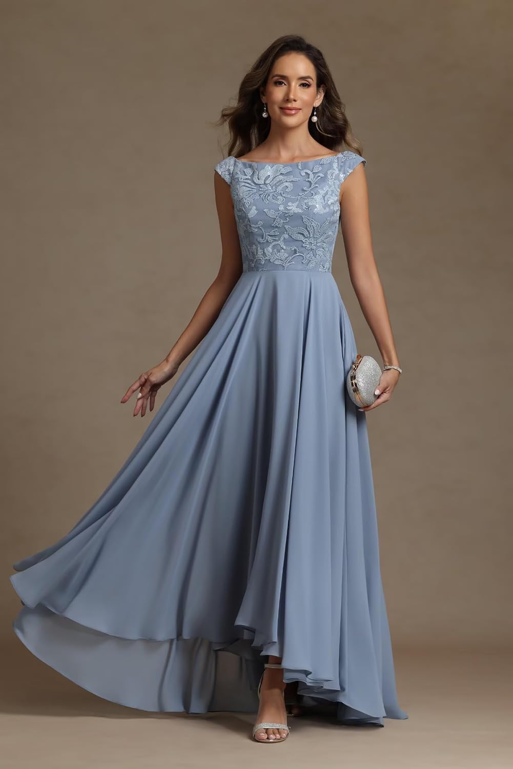 CuteMe Chiffon Mother of The Bride Dress for Women Scoop Neck Lace Formal Evening Dresses with Pockets CC025