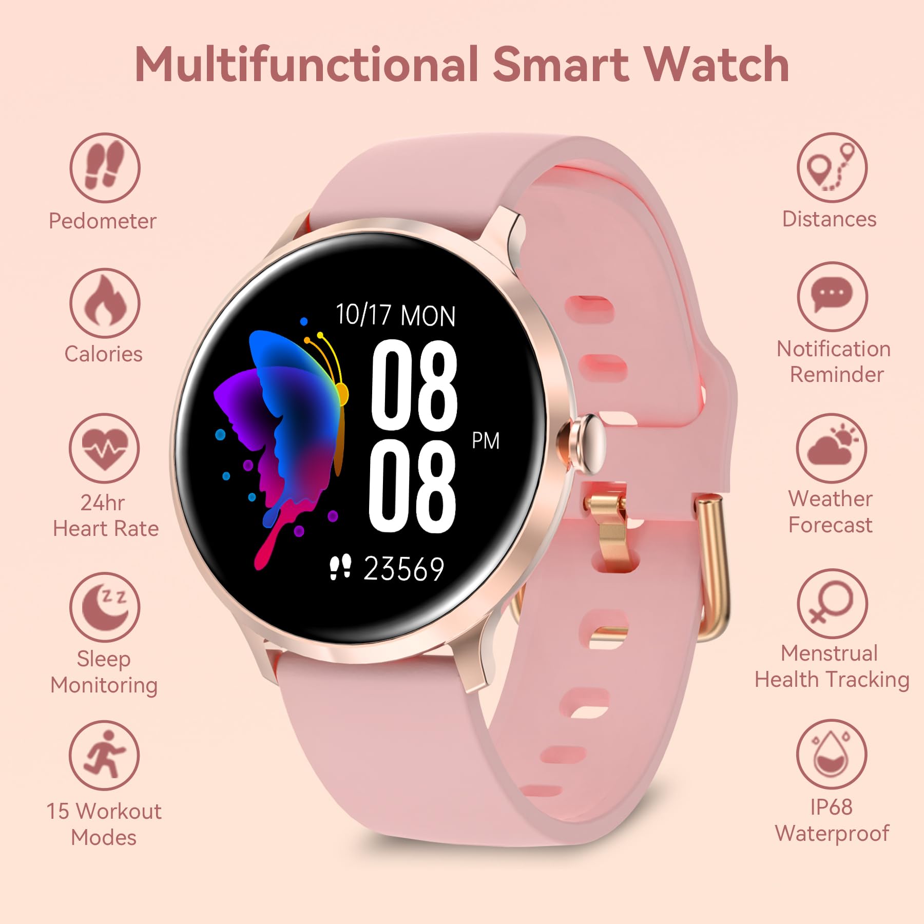 Reloj inteligente para mujer, HD de 1.20 pulgadas, funda de aleación de zinc, rastreador de actividad con SpO2/ritmo cardíaco/monitor de sueño, podómetro de seguimiento de actividad 6