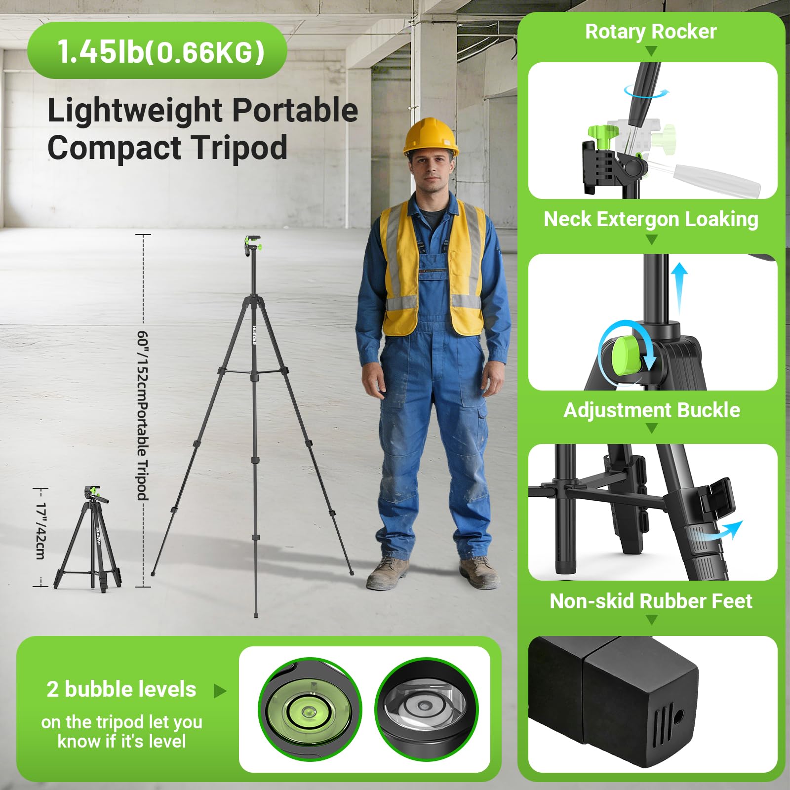 Huepar Livella Laser Verde Autolivellante con Treppiede 150 cm – U011GTP | Linee Incrociate,Resistente a Cadute da 100cm,Base Magnetica 360°,Modalità Impulso 50m per Piastrellisti e Ristrutturazioni