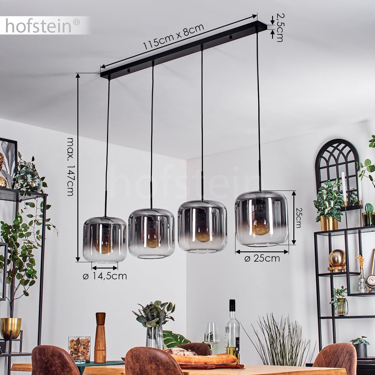HOFSTEIN Hängeleuchte Lauden, 4-flammige Hängelampe aus Metall/Glas in Schwarz/Rauchfarben/Klar, moderne Pendelleuchte im Retro/Vintage-Design, Ø Schirme 25 cm, E27, Esszimmer, Küche, Wohnzimmer