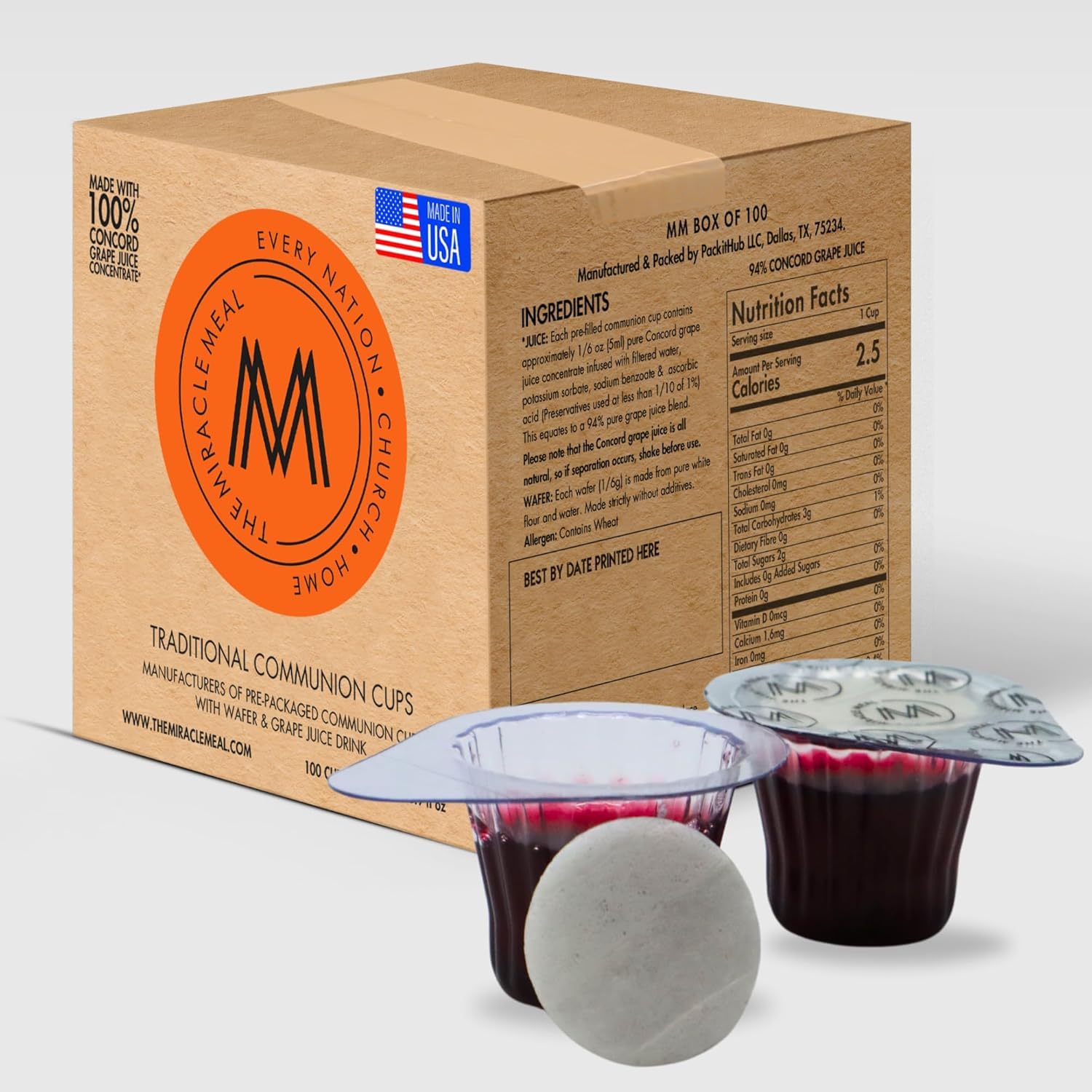 The Miracle Meal Pre-filled Communion Cups and Wafer Set - Box of 100 - Made with Concord Grape Juice & Wafer-Made in the USA