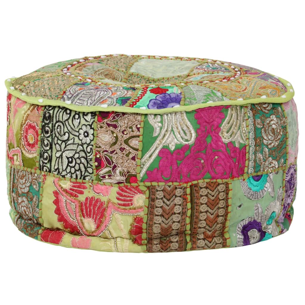 Patchwork pufa do siedzenia, okrągła, bawełniana, ręcznie wykonana, 40 x 20 cm, zielona, styl vintage, wygodna poduszka na podłogę, dekoracyjna podnóżek, z haftem, wszechstronne siedzisko do
