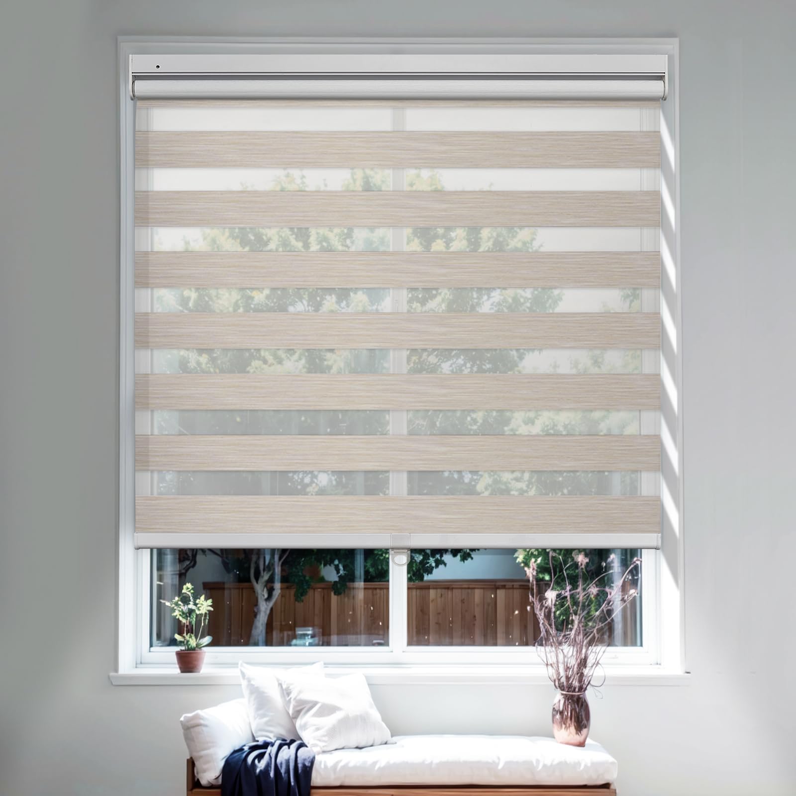 Moonice Cordless Zebra Roller Blinds No Drill No Tools Zebra Shades Dual Layer Day and Night Blinds Light Control Window Shades for Home Bedroom Kitchen (Light Wood, 69cm W x 183 cm H)