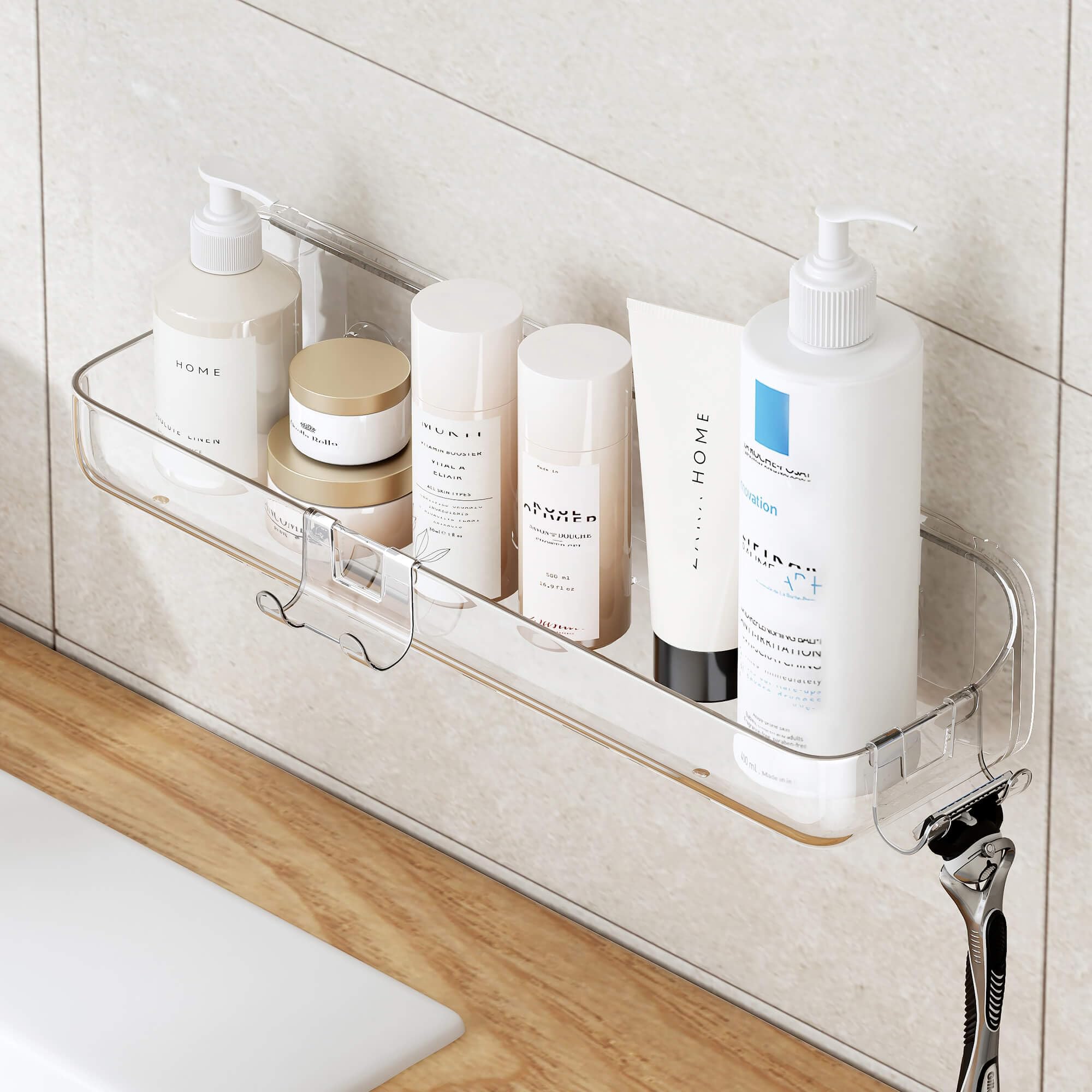 UDD Acrylic Clear Shower Caddy Shower Organizer Plastic Adhesive Shelf with Hook and Self Adhesive Tape No Drilling