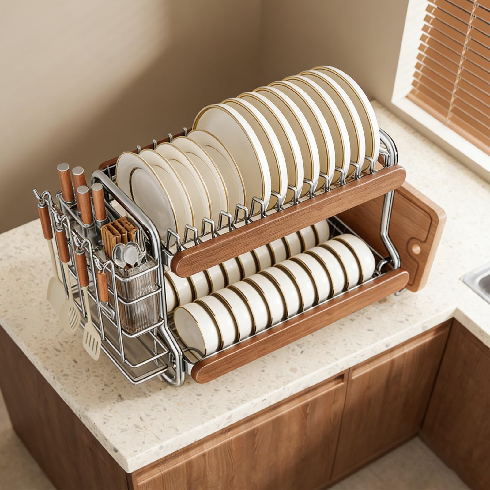 2-stöckig Abtropfgestell Geschirr Edelstahl aus Holz, Kompakter Geschirrabtropfständer mit Abtropfschale,Platzsparend für Küche,für Teller, Tassen, Topfdeckel(42 * 31cm)