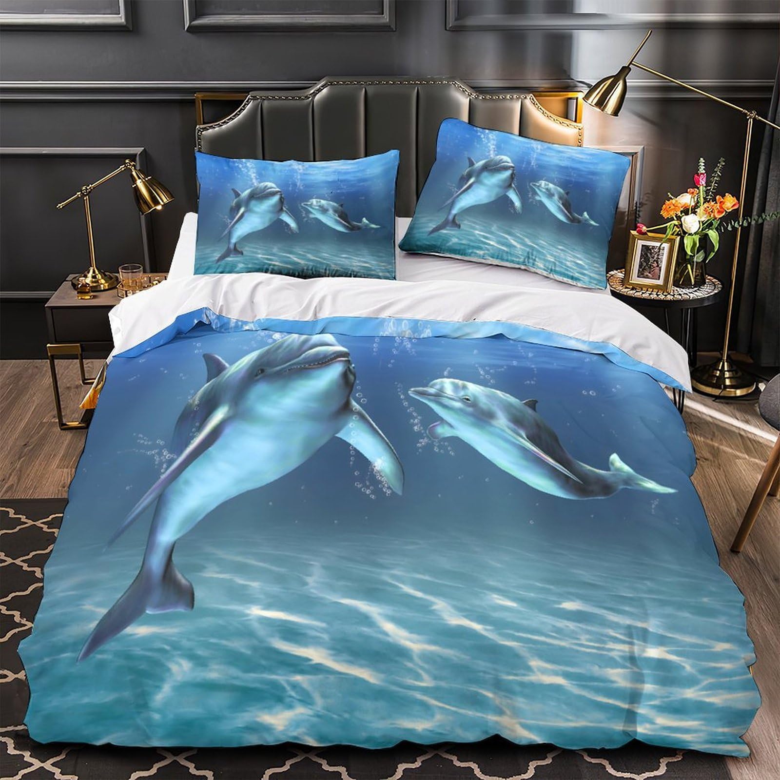 Housse de couette dauphins pour chambre d'amis et suite parentale marine King