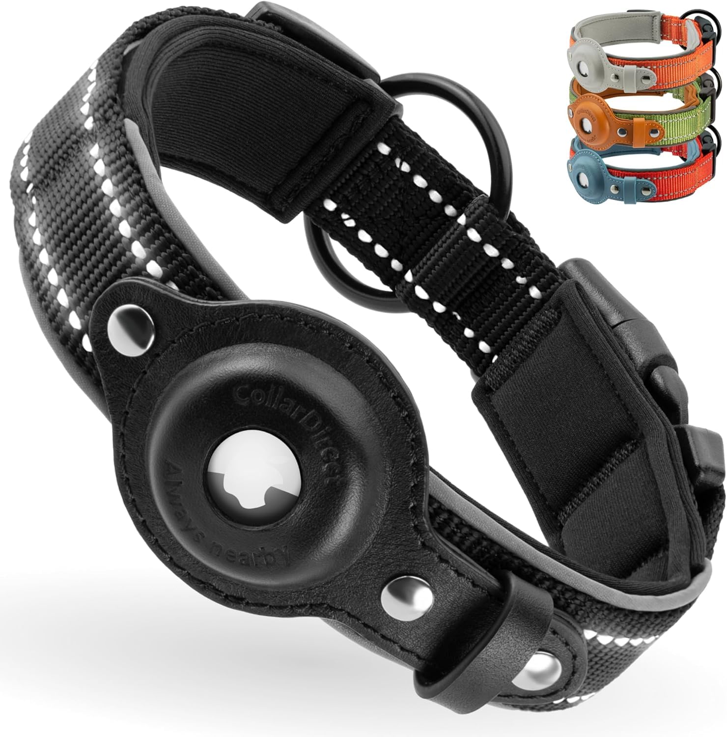 CollarDirect Airtag Dog Collar Reflective Nylon Neoprene Leather Holder for Apple Air Tag for Large, Medium, and Small Dogs (Black, S, 12-14.5 Inch)