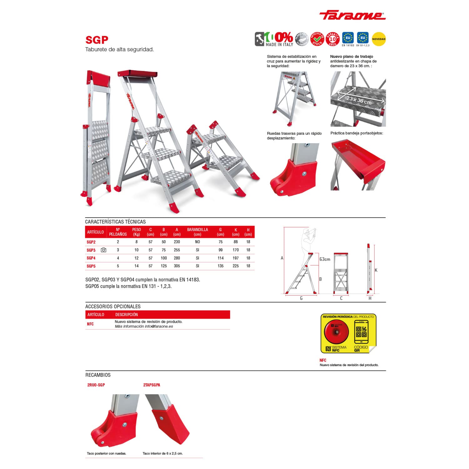 Faraone - Taburete Alto de Aluminio SGP05 - con 5 Peldaños - 177x57x15 cm - Plegable y Ligero - Ideal para Trabajos en Altura - Peso Soportado de 150 kg - Peldaños Antideslizantes