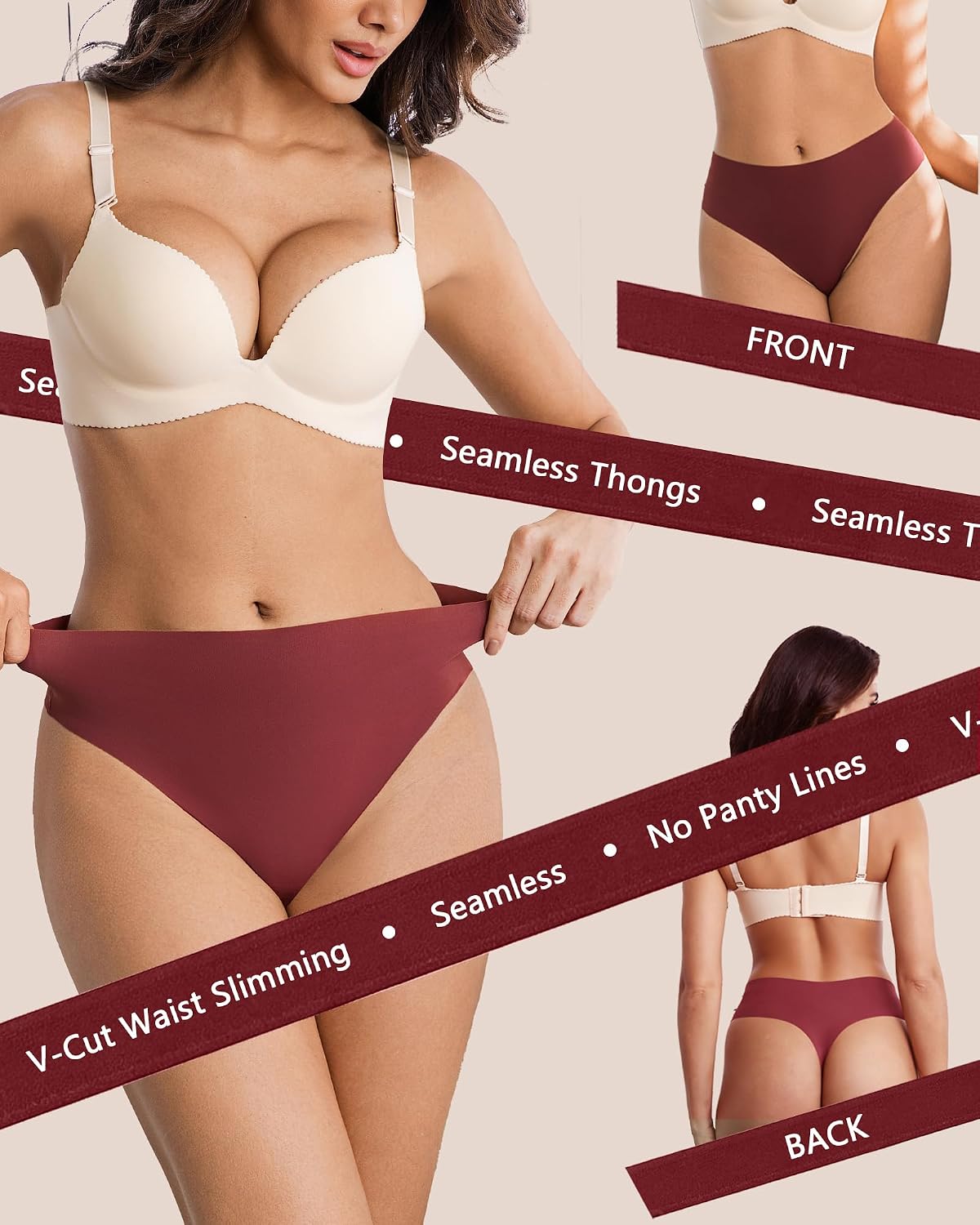 Thongs for Womens High Waisted Seamless Underwear for Women Sexy Breathable No Show No lines Panties 6 Pack
