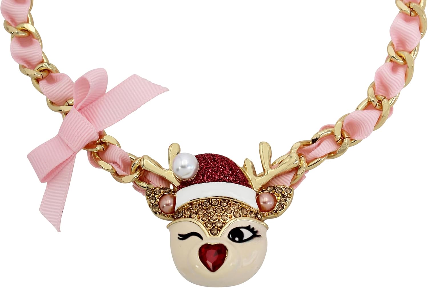 Betsey Johnson Womens Jingle Bell Bling Christmas Reindeer Pendant Necklace
