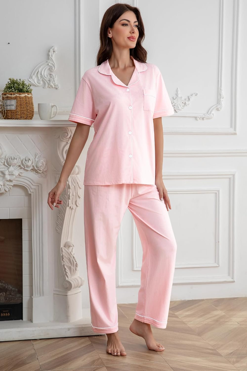 QZH.DUAO Girl & Women's 100% Cotton Short Sleeves and Long Pants Pajama Set,2-Piece, 5 Years - Large - Image 5