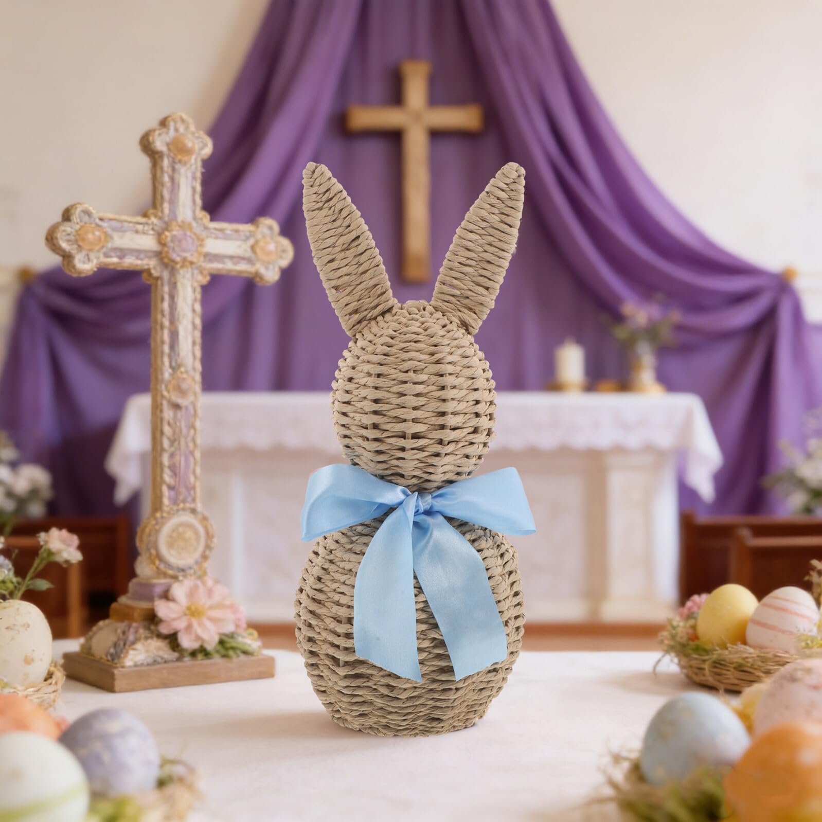 Veemoon Centrotavola Pasquale Coniglietto Intrecciato a Mano in Corda di Carta Blu, Decorazione Primaverile Rustica Leggera e Resistente per Festa e Arredamento Casa