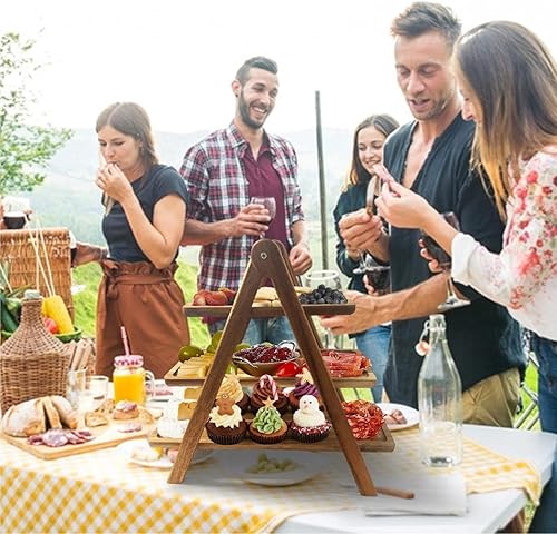 Miniatura 5 de Bandeja de madera de acacia duradera con paño para una fácil limpieza, bandeja de servir de 3 niveles, tablas de embutidos, tabla de carne y queso