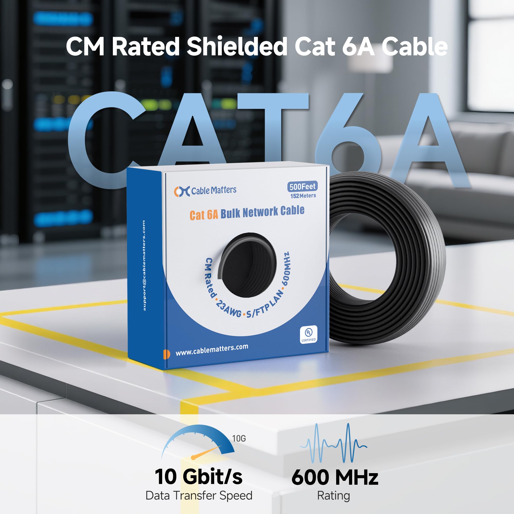 Cable Matters [Certifié UL] Câble Cat 6A blindé 10 Gbit/s 23 AWG, 152,4 m, noir | Câble Ethernet en vrac Cat6A en cuivre massif pour prises Keystone et panneaux de brassage, câble Ethernet en vrac Cat6A