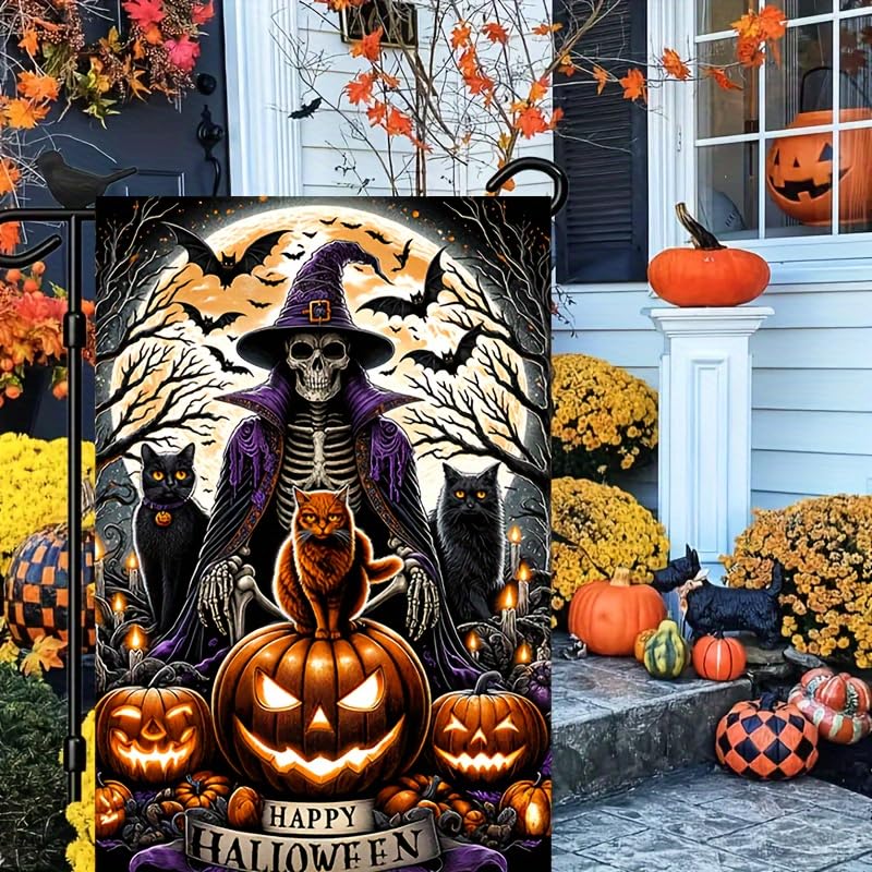 Image of Blissyard Halloween Garden Flag - Double Sided 12x18 with Ghost, Skull, Wizard, Skeleton Cats, Pumpkins, Bats - Spooky Outdoor Scary Yard Decor