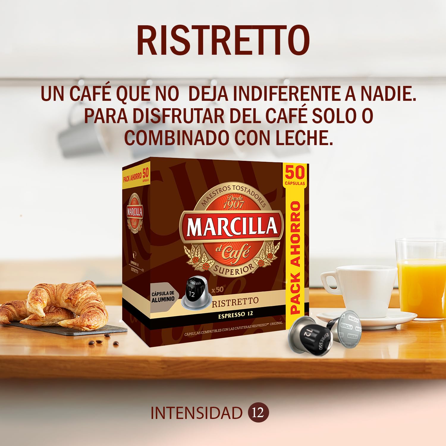 Marcilla Cápsulas de Café Ristretto | Intensidad 12 | 50 Cápsulas Compatibles Nespresso