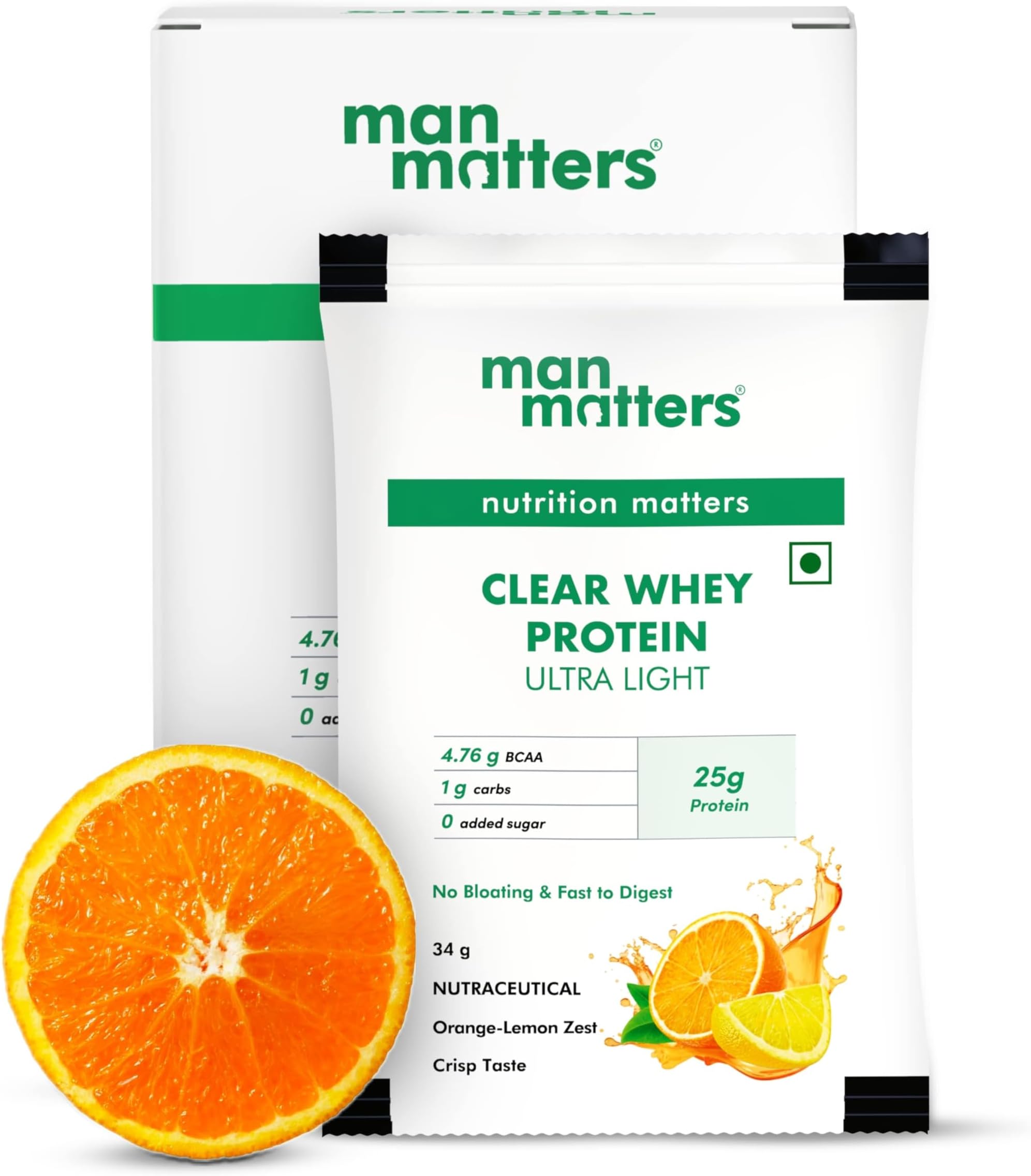 Man Matters Clear Whey Protein Powder (Orange Flavour) | No Added Sugar | For Muscle Support & Recovery | Ultra Light Formulation | 170g (34g x 5 Sachet) | Vegetarian & Gluten Free