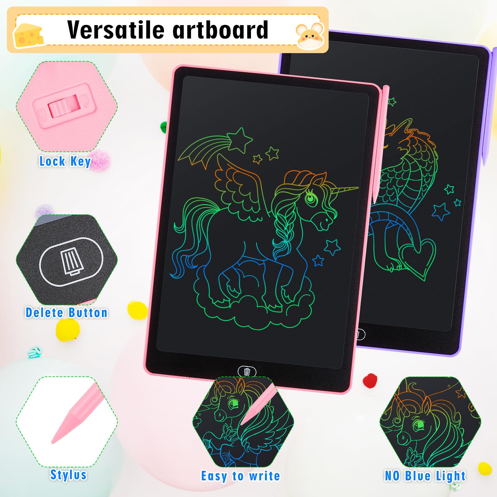 2 Pack Tablette D'écriture LCD 16 Pouces,LCD Tablette Dessin avec Ecran Coloré,Bloc D'écriture Effaçable avec des Autocollants D'animaux,pour Garçons et Filles de 3 4 5 6,Rose + Violet