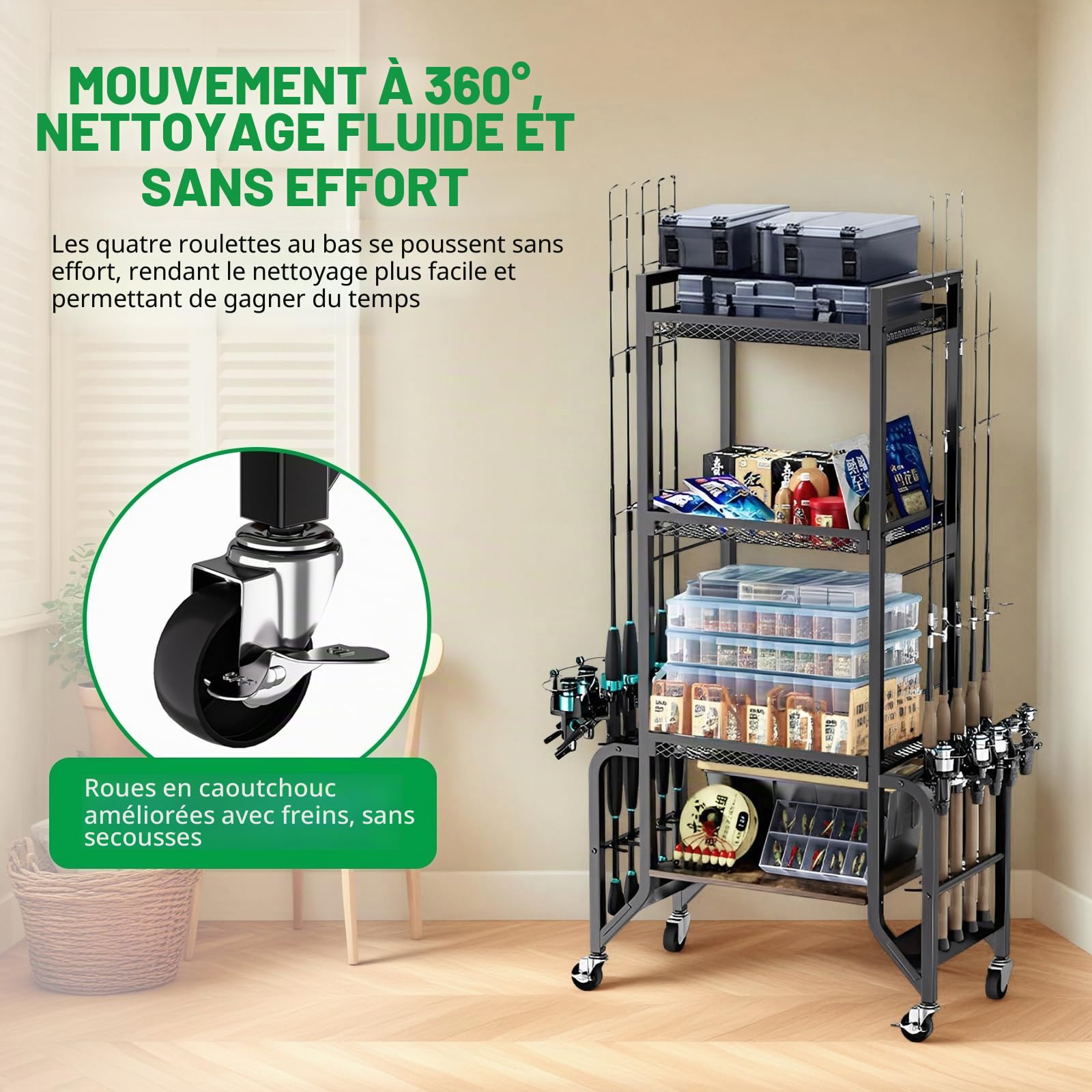 JAOGAUS Support de canne à pêche à 4 couches avec roues pour 10 cannes, support de canne à pêche avec 4 rouleaux pour un déplacement facile, 2 d'entre eux avec freins, pour garage, bateau, maison