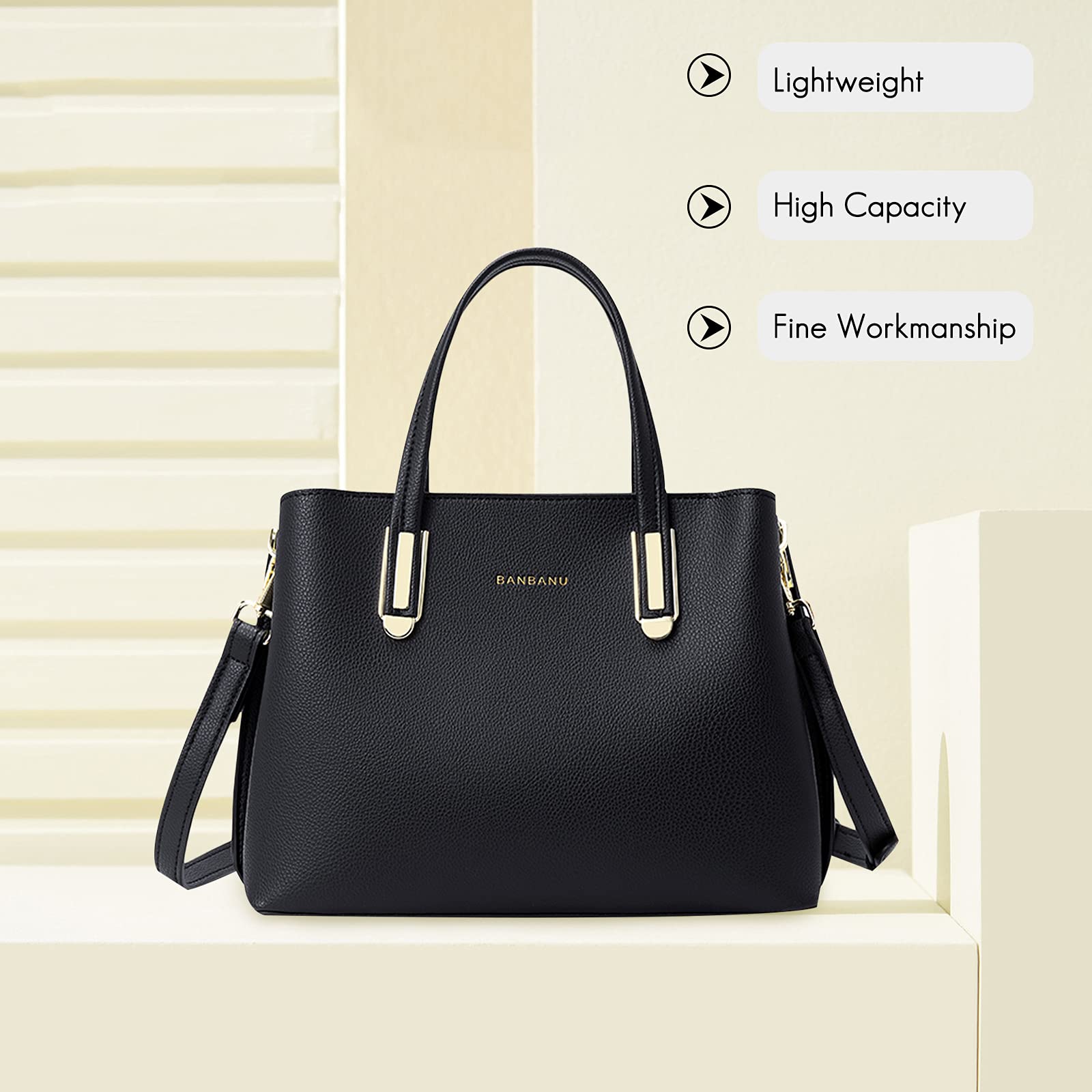 FANDARE Elegante Bolso de Mano Bolsos Cabas Mujer Bolso Bandoleras Cuero PU Impermeable Llevados Hombro Bolso De Hombro Gran Capacidad Compras Escuela Viaje, Negro, large, Elegante