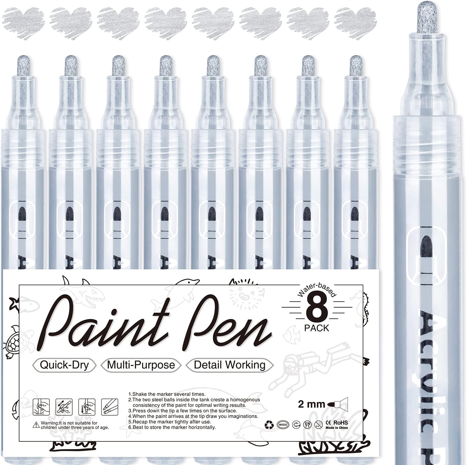 AKARUED Silver Acrylic Paint Markers, 8 Pack Acrylic Silver Paint Pen Sets for Rock Painting, Wood, Stone, Glass, Ceramic, Paper, Drawing, Art Projects, DIY Crafts, Water-Based ink, 2-3mm Medium Tip