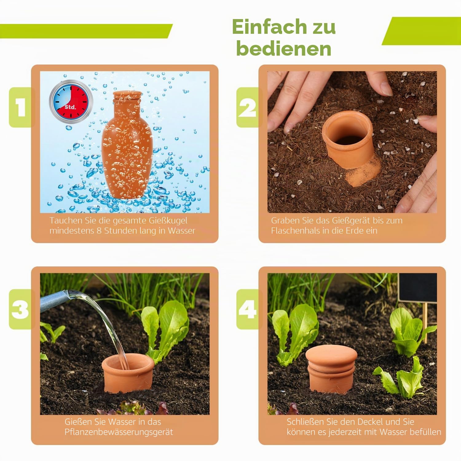 Olla-Töpfe für den Garten, 7,9 x 7,9 x 15,2 cm, Terrakotta-Bewässerungssystem, Terrakotta-Bewässerungstöpfe mit Deckel, Terrakotta-Kugeln, Ton für Innen- und Außenbereich, Terrakotta-Ton, 8