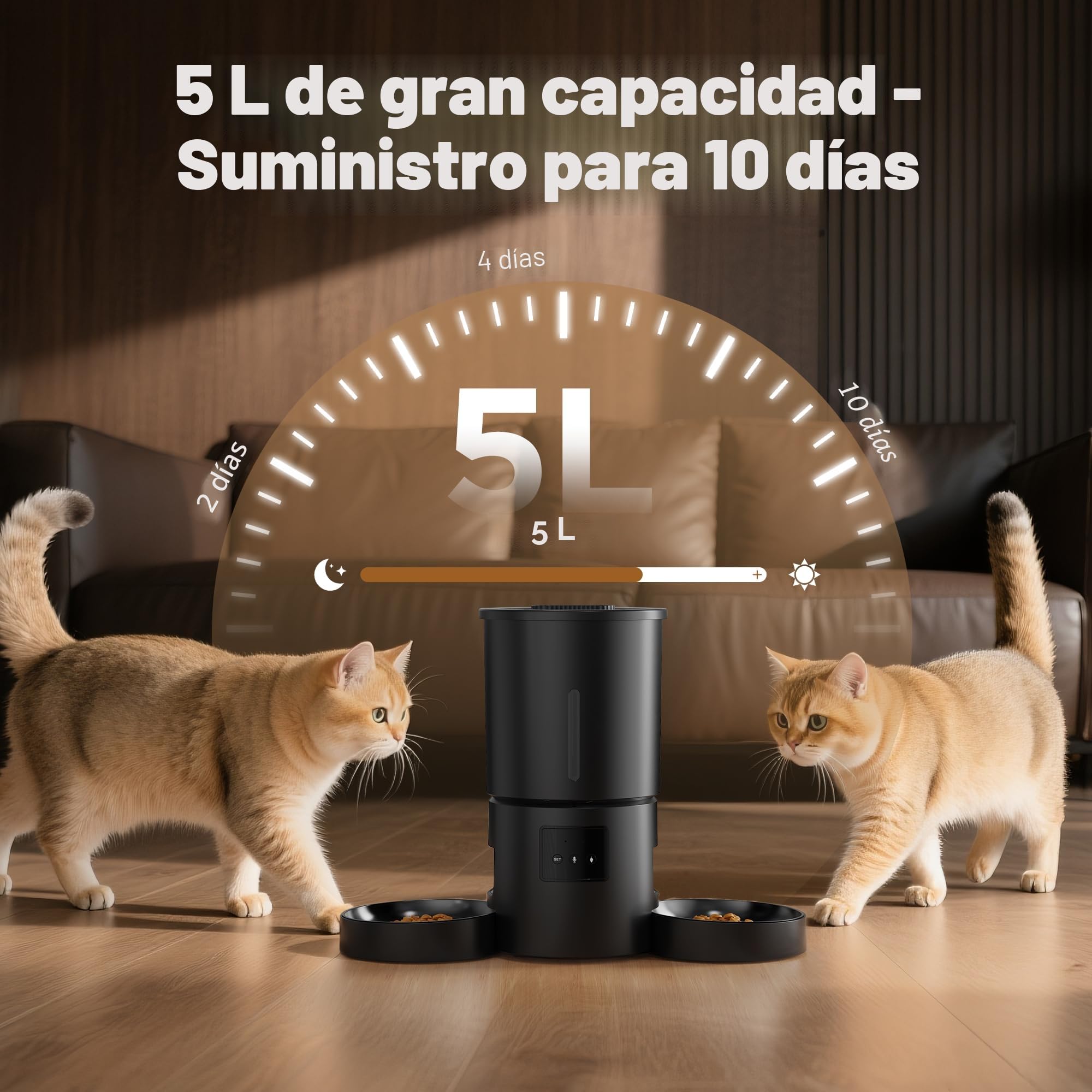 Comedero Gato Automático Doble & App: Dispensador Automático de 5L con WiFi 2.4G y Temporizador para Comida Seca - Diseño de Comedero Doble AONBOY para Múltiples Gatos y Perros - Negro