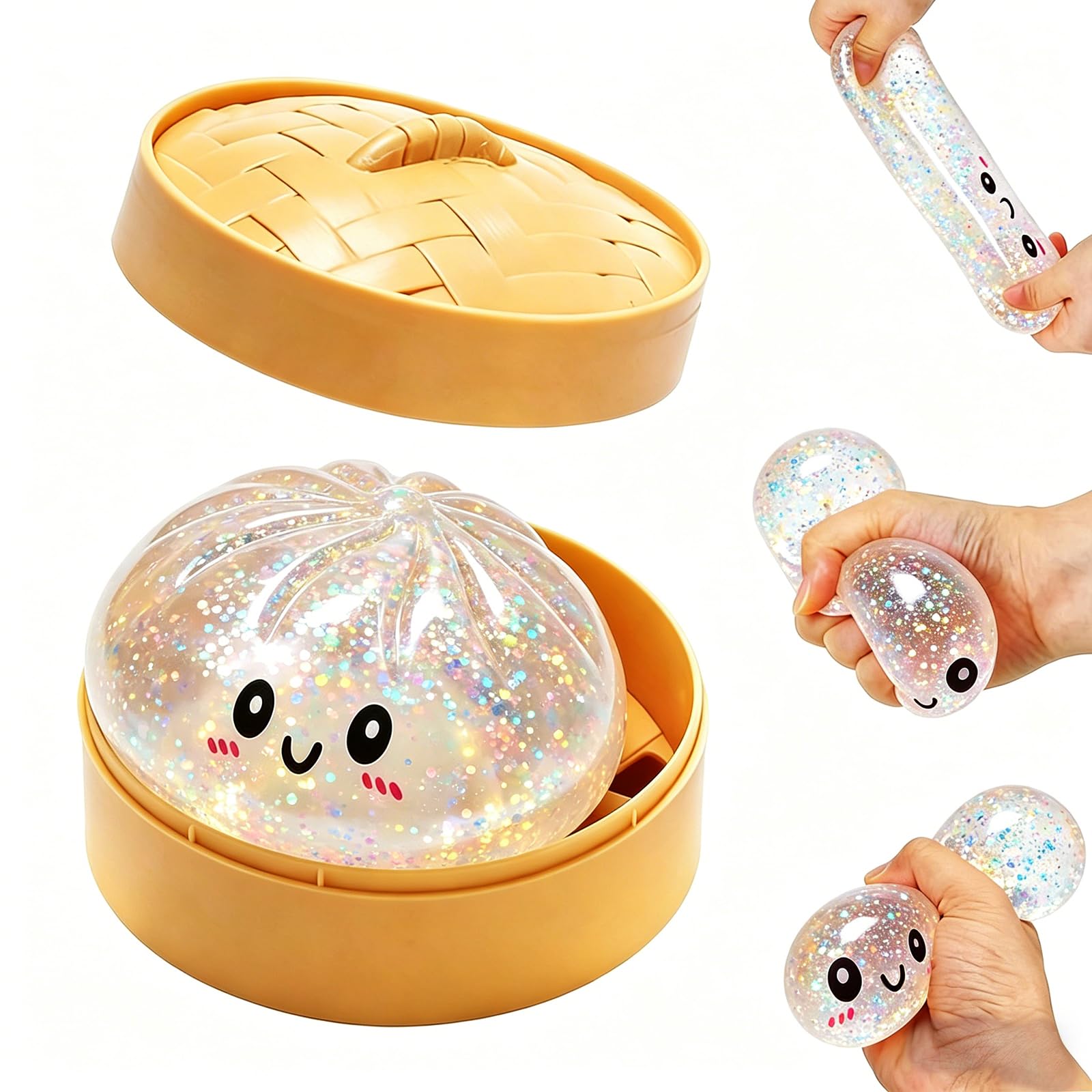 2026 New Glitter Dumpling Squishy Box, Stress Relief, Soft Squeeze Decompression Dough, Glitter Dumpling Squishy for Stress Relief (Transparent)