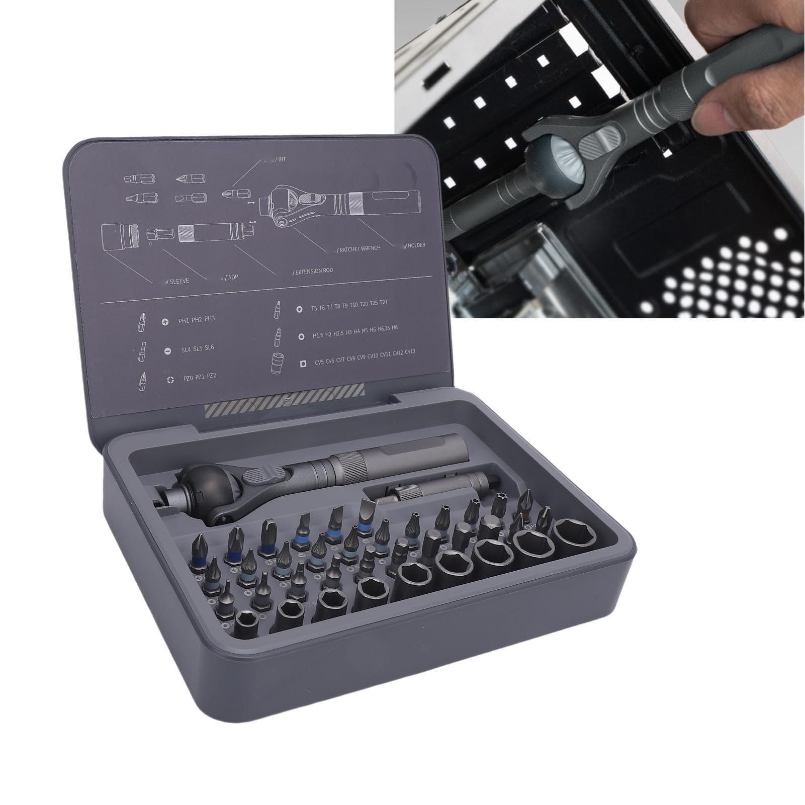 ViaGasaFamido Juego de Destornilladores de Trinquete Juego de Destornilladores Magnéticos Kit de Destornilladores de 40 Piezas Diseño de Dientes Finos de 180° y 45 Dientes con 40 Accesorios