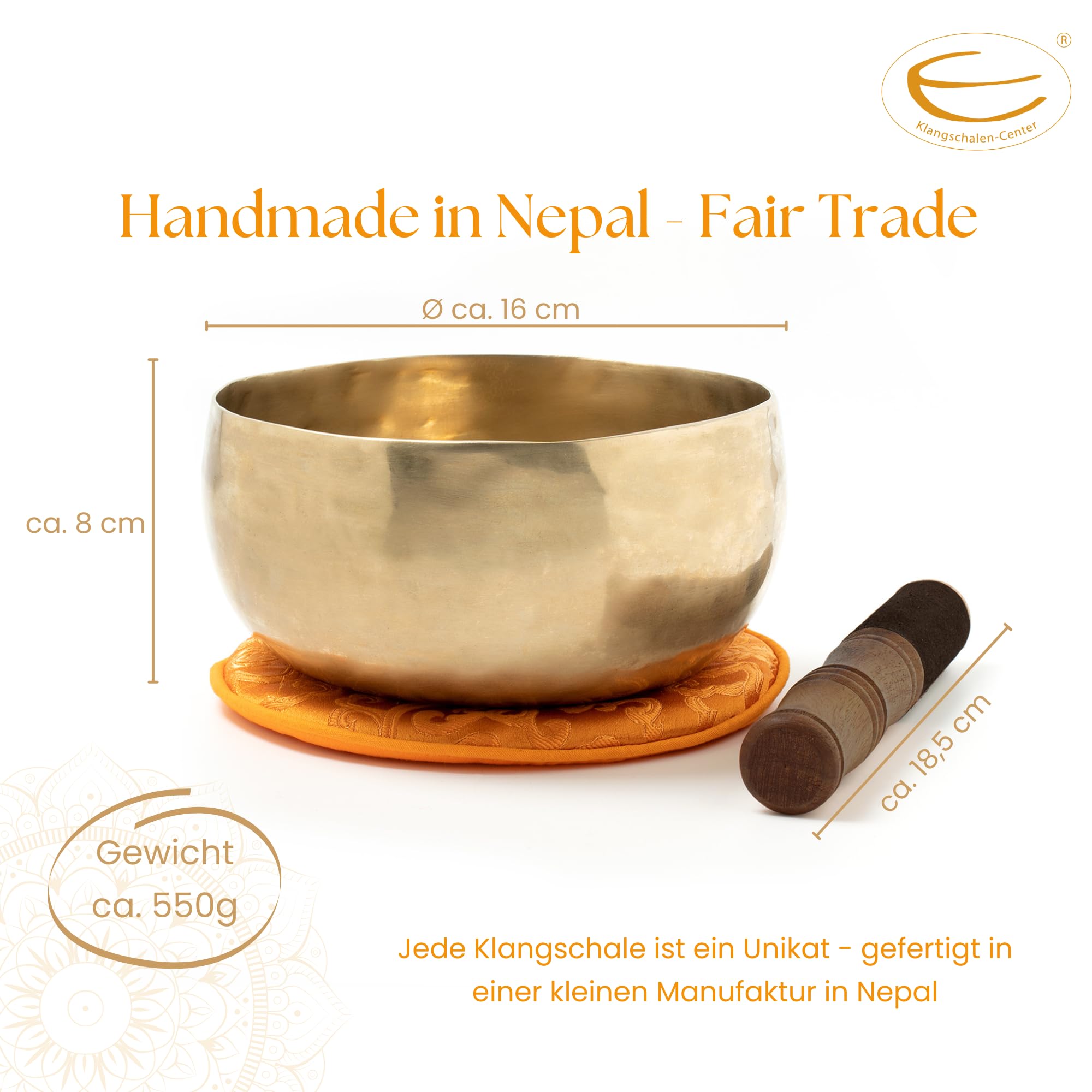 Tibetisches Klangschalen Set aus Nepal, inklusiv Holz-/Lederklöppel sowie orangefarbener Unterlage -1000-L-