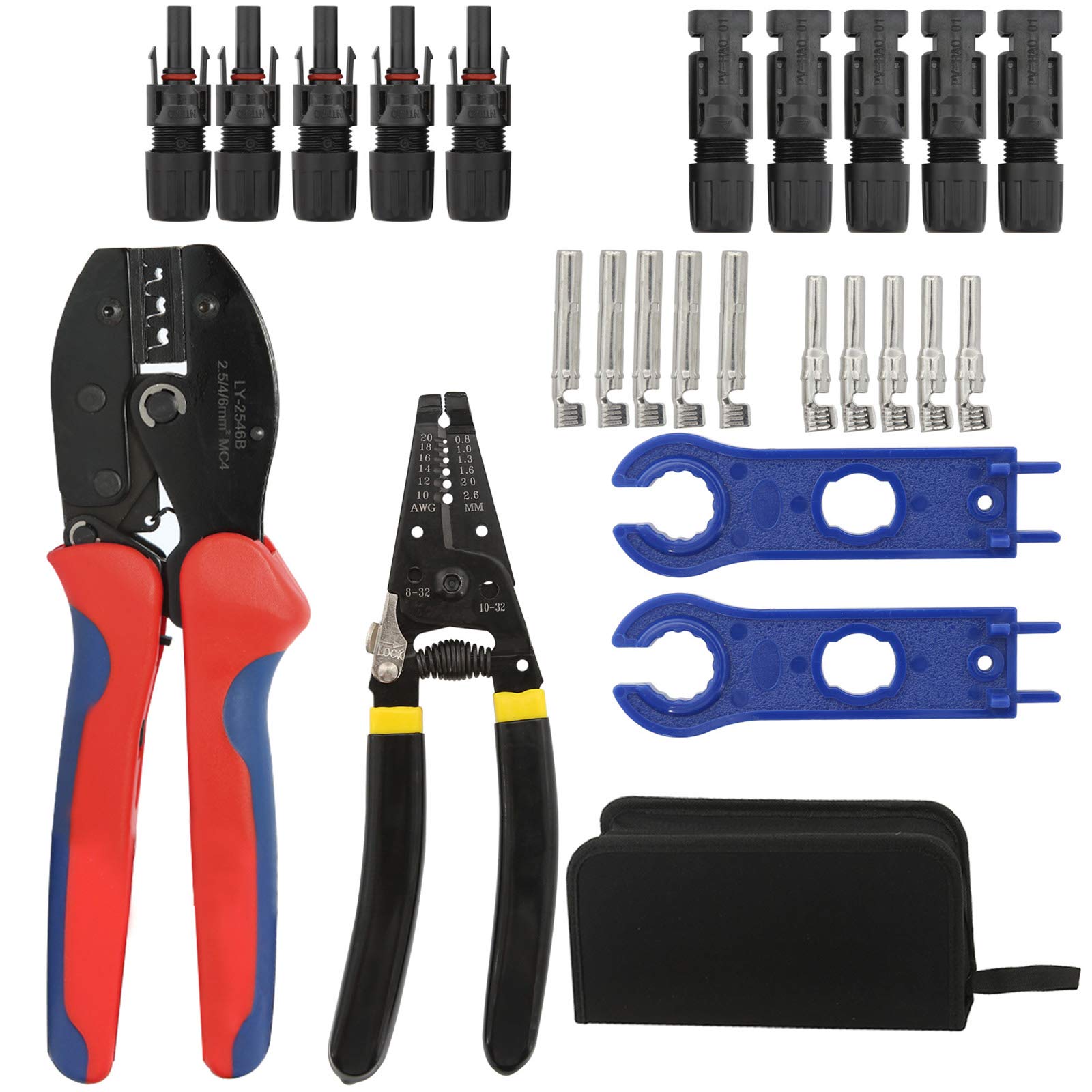 Homend Solar Crimping Tools for 2.5/4.0/6.0mm² Solar Panel PV Cable for MC3 MC4,Wire Stripper and Cutter,10pcs Male Female Connector, 1 Pair Solar Connector Assembly Tool Spanner for MC4