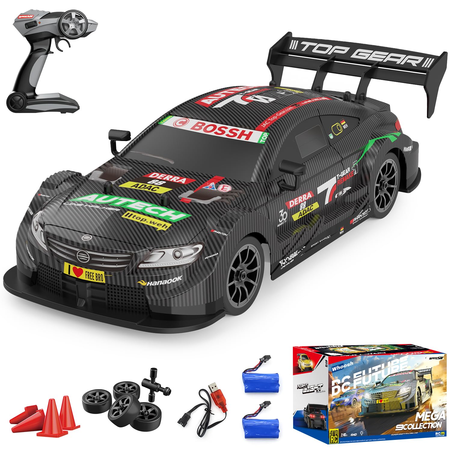 Dollox RC Drift Car 1/16 Scale Remote Control Car 2.4GHz 4WD 30+KM/H High Speed Vehicle with LED Lights, Extra Drifting Tires Racing Vehicle Toys Birthday Gifts for Boys Adults, 2 Batteries, Black