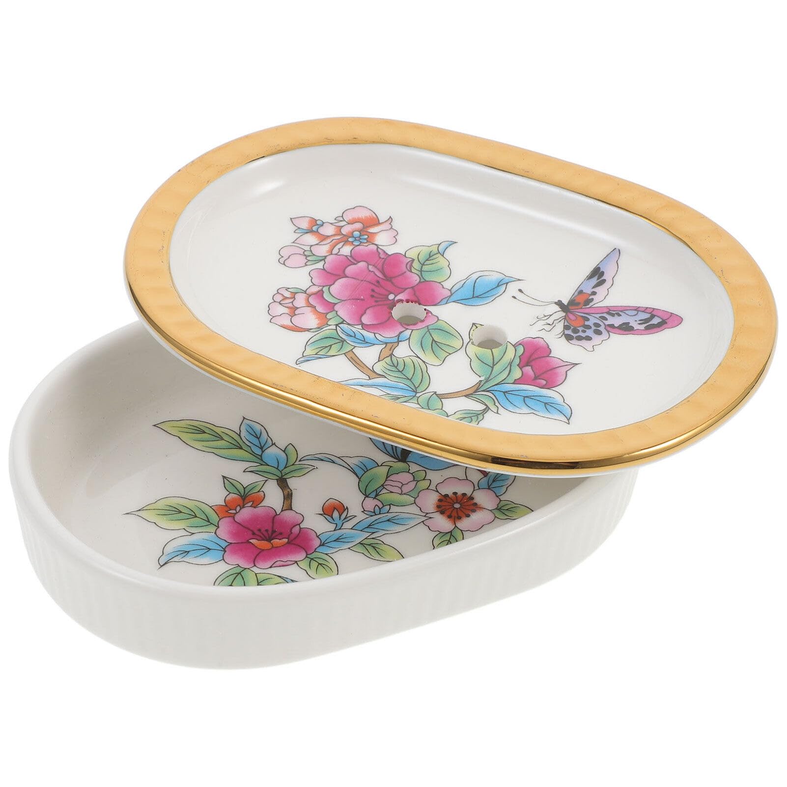 Jabonera de Cerámica Impresa de Doble Capa Drenaje | Baño y Lavabo, Estilo Sencillo, Diseño de Dos Niveles, Acabado Decorativo