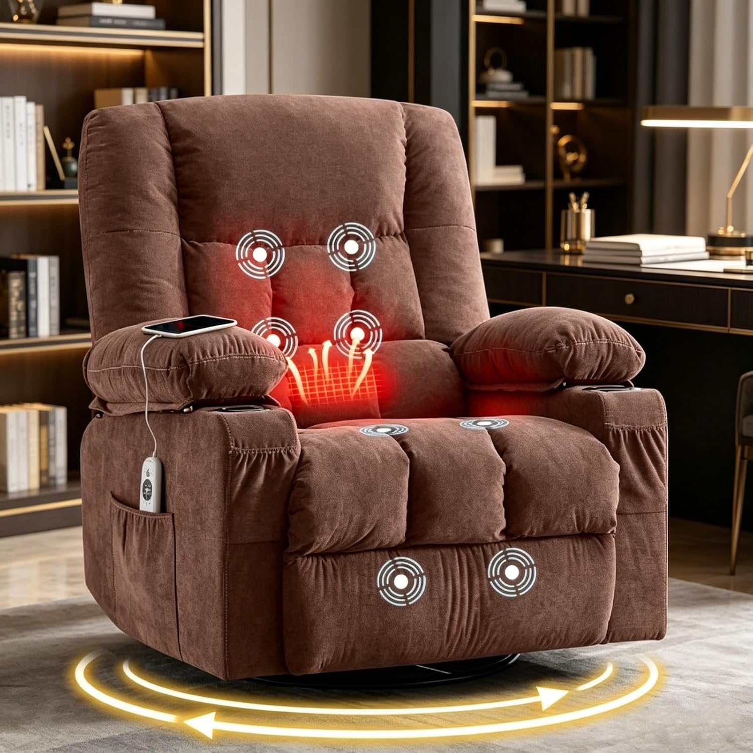 Oversized Swivel Rocker Recliner with 8-Point Massage & Lumbar Heat, 360° Glider Reclining Chair, USB Charge & Side Pockets for Living Room & Bedroom