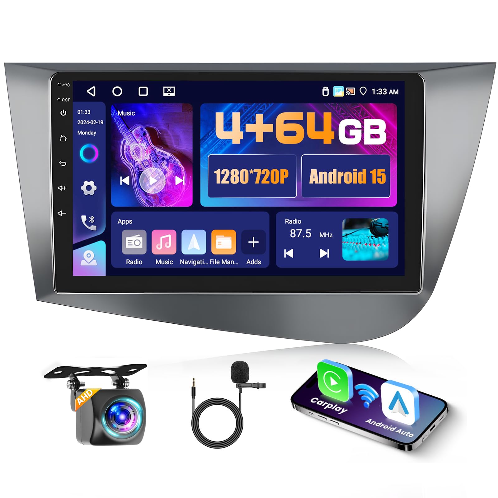 4+64GB Android Radio Coche para Seat Leon MK2 2005-2012(Left-Hand Drive), 9 Pulgadas Pantalla Wireless Carplay Android Auto Bluetooth Autoradio con Cámara Trasera GPS WiFi EQ FM RDS Radio