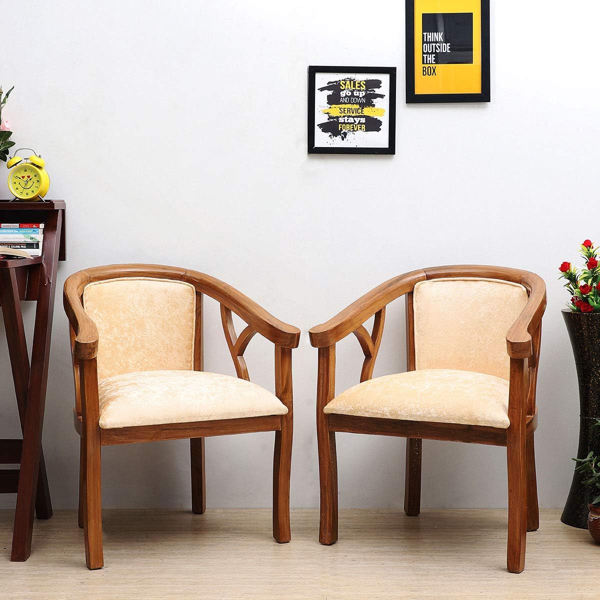 DZYN Furnitures Comfy Solid Wood Living Room Chairs with Back Cushion - Teak Accent Lounge Chairs (Teak, Gold)