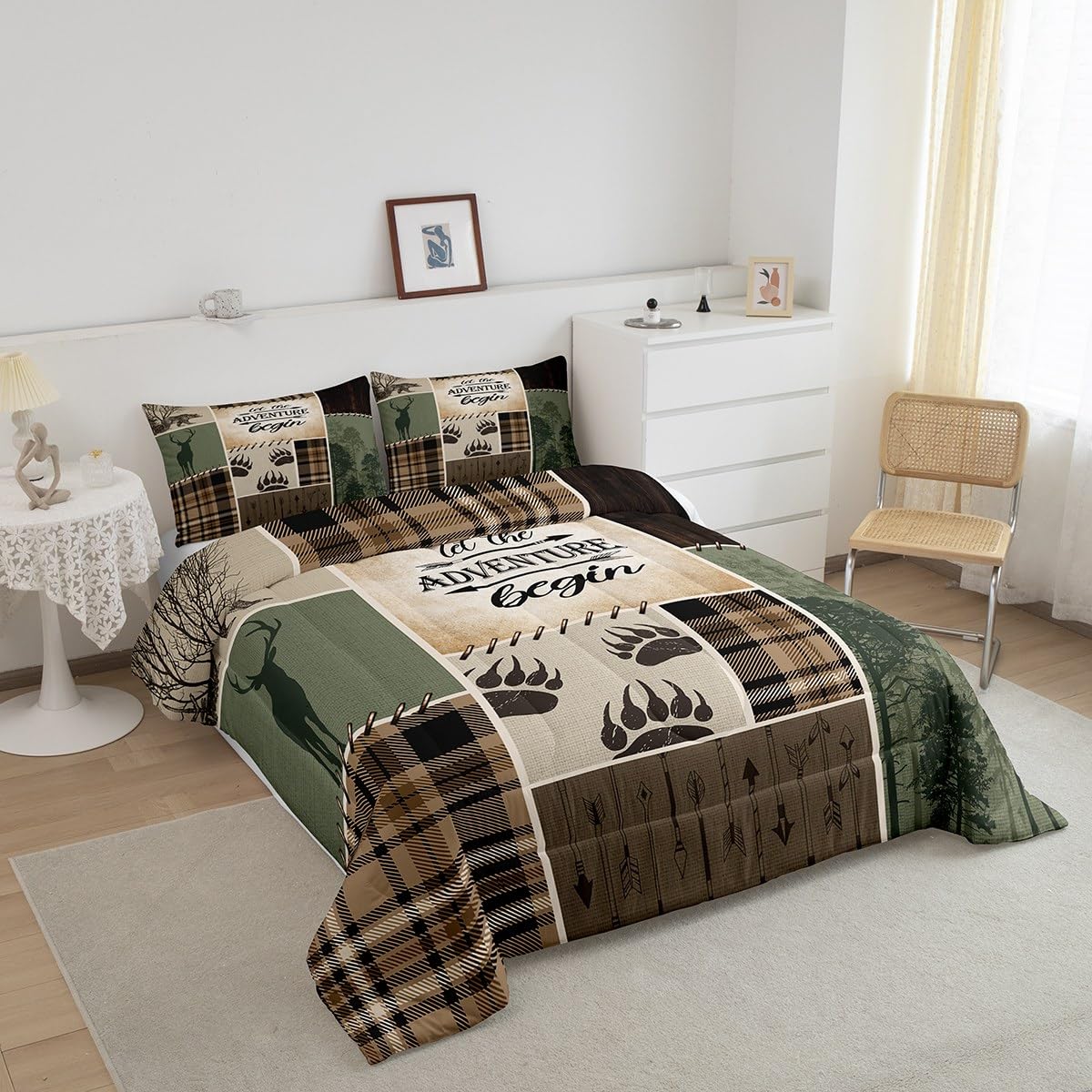 Rustic Farmhouse Kids Comforter Set Full Size,Deer Bear Paws Pine Trees Bedding Set,Boys Girls Adults Room Decor,Geometric Plaids Arrows Down Comforter,Camo Brown Retro Duvet Insert,2 Pillowcases