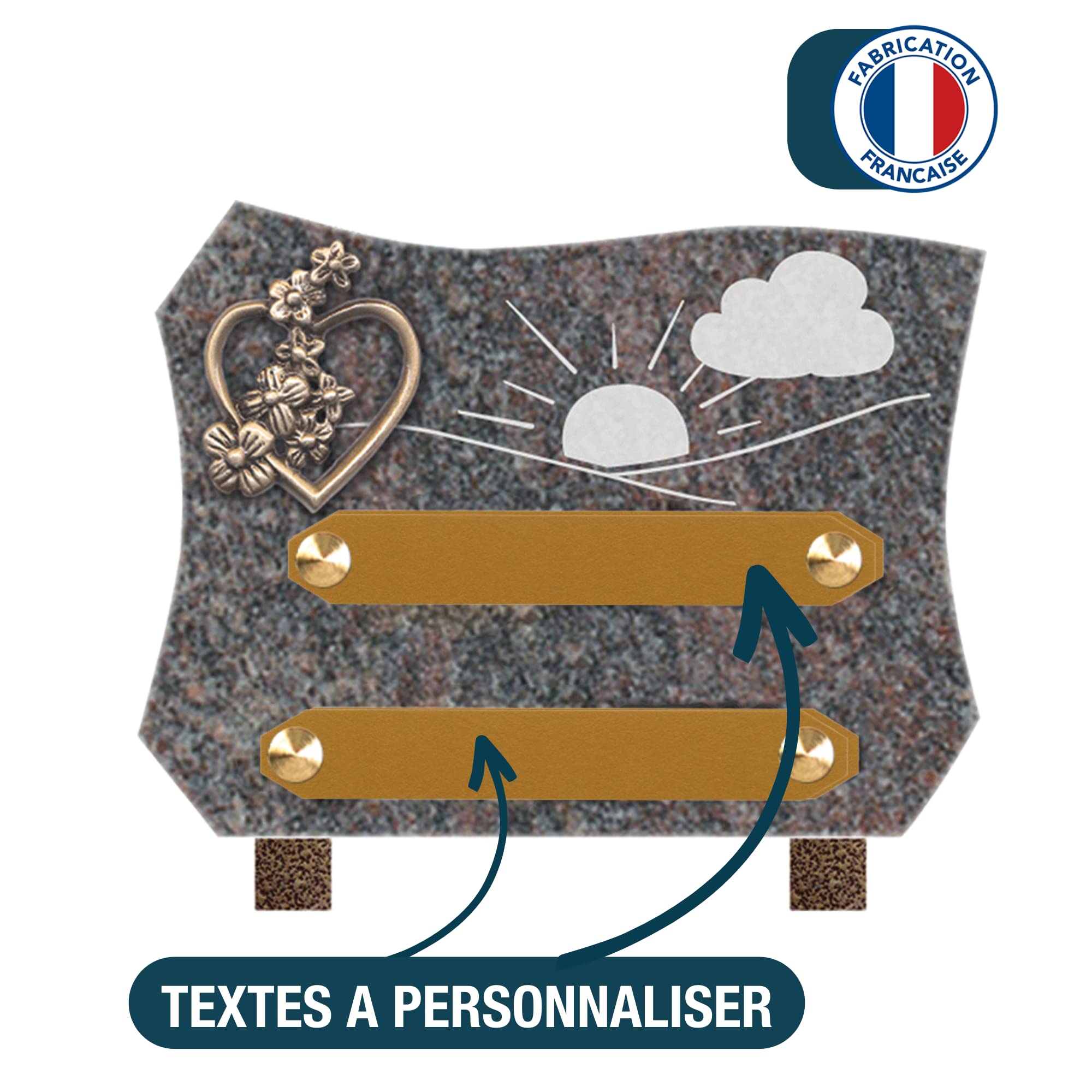 Plaque funéraire personnalisée - Granit - assemblée en France - gravure soleil nuage bronze coeur - H 15 X L 20 cm - 2 textes