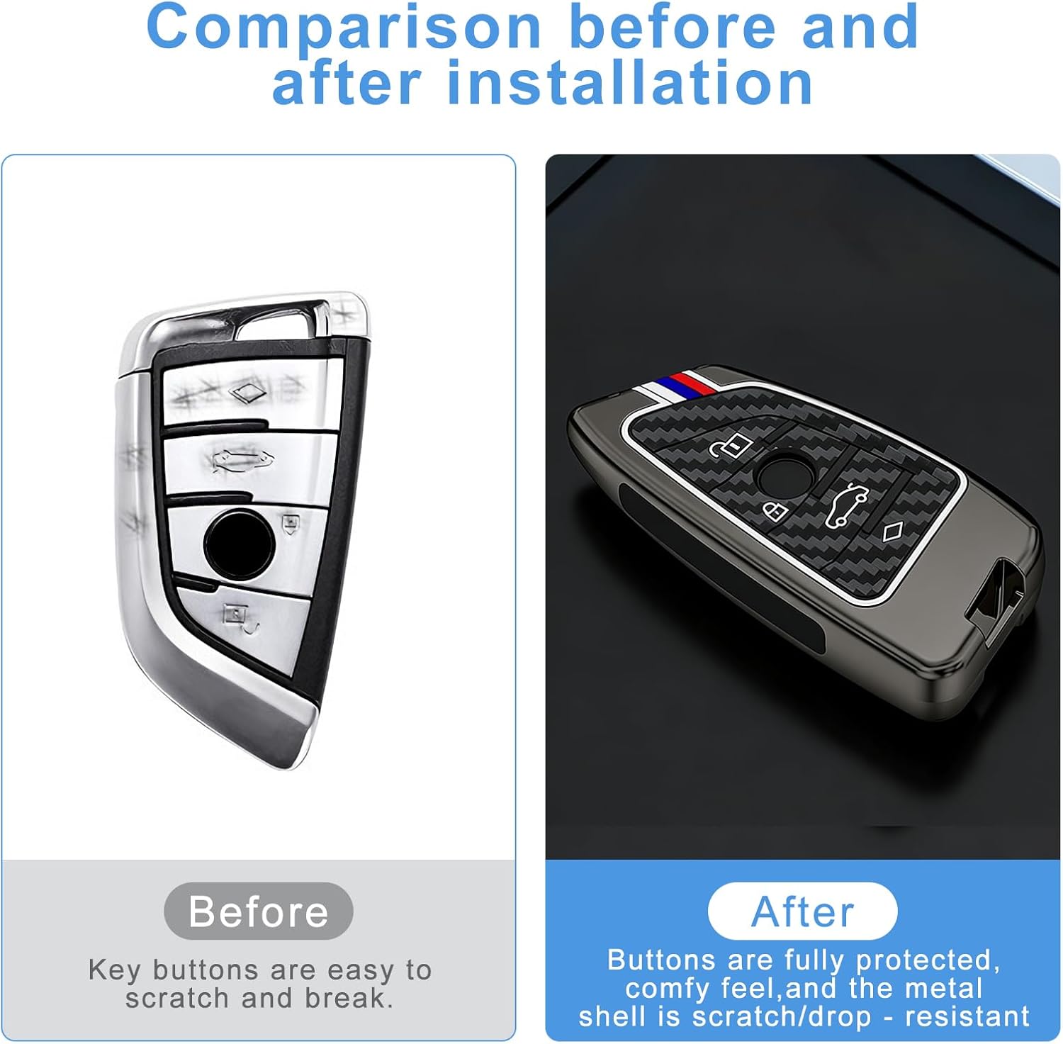 for BMW Carbon Fiber Pattern Key Fob Cover Metal Shell Case Compatible with BMW X3 X5 X1 X7 X6 X2 X4 3 5 2 7 8 Z4 6 Series Accessories, 3/4-Button