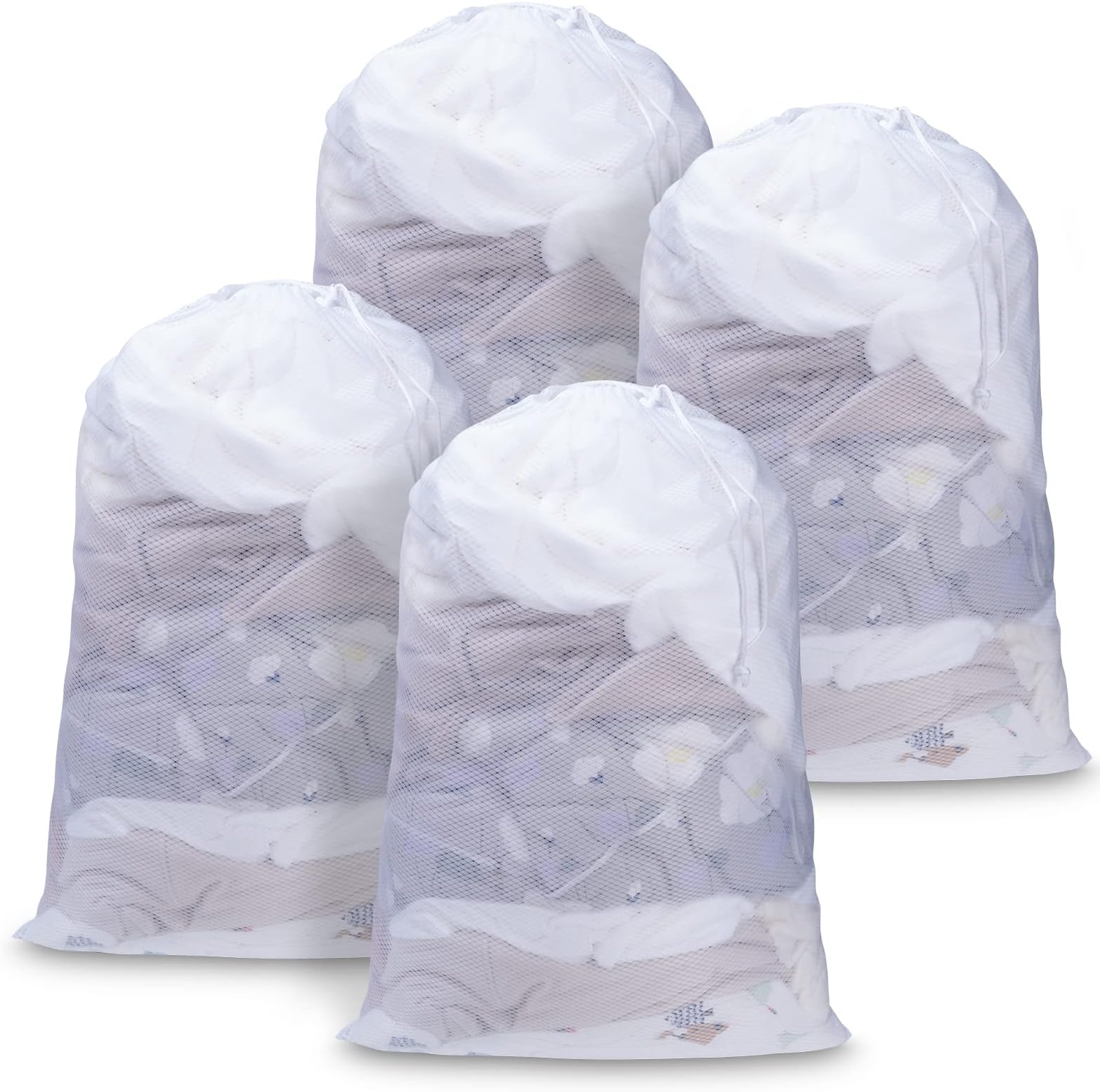 Meowoo Mesh Laundry Bag, 24×36inch Heavy Duty Large Mesh Laundry Bags Drawstring Lockable, Laundry Hamper Liner, Machine Washable, for Travel, Storage, Sports, Factories, Dorms, Hamper Liner(white,4Pcs)